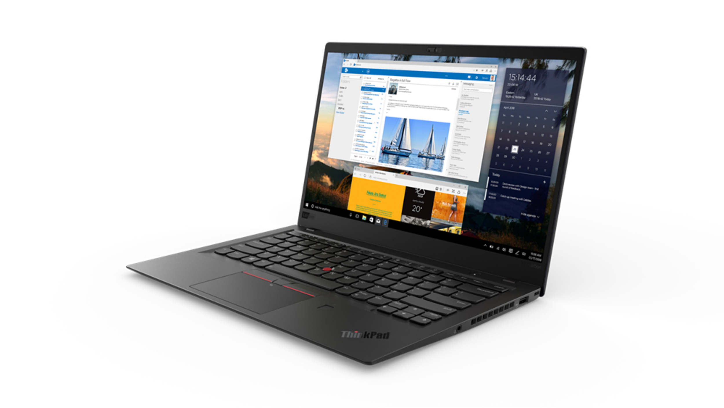 Schwarzer Laptop auf weißem Hintergrund. Geöffnet, zeigt mehrere Fenster mit Webseiten und Kalender.