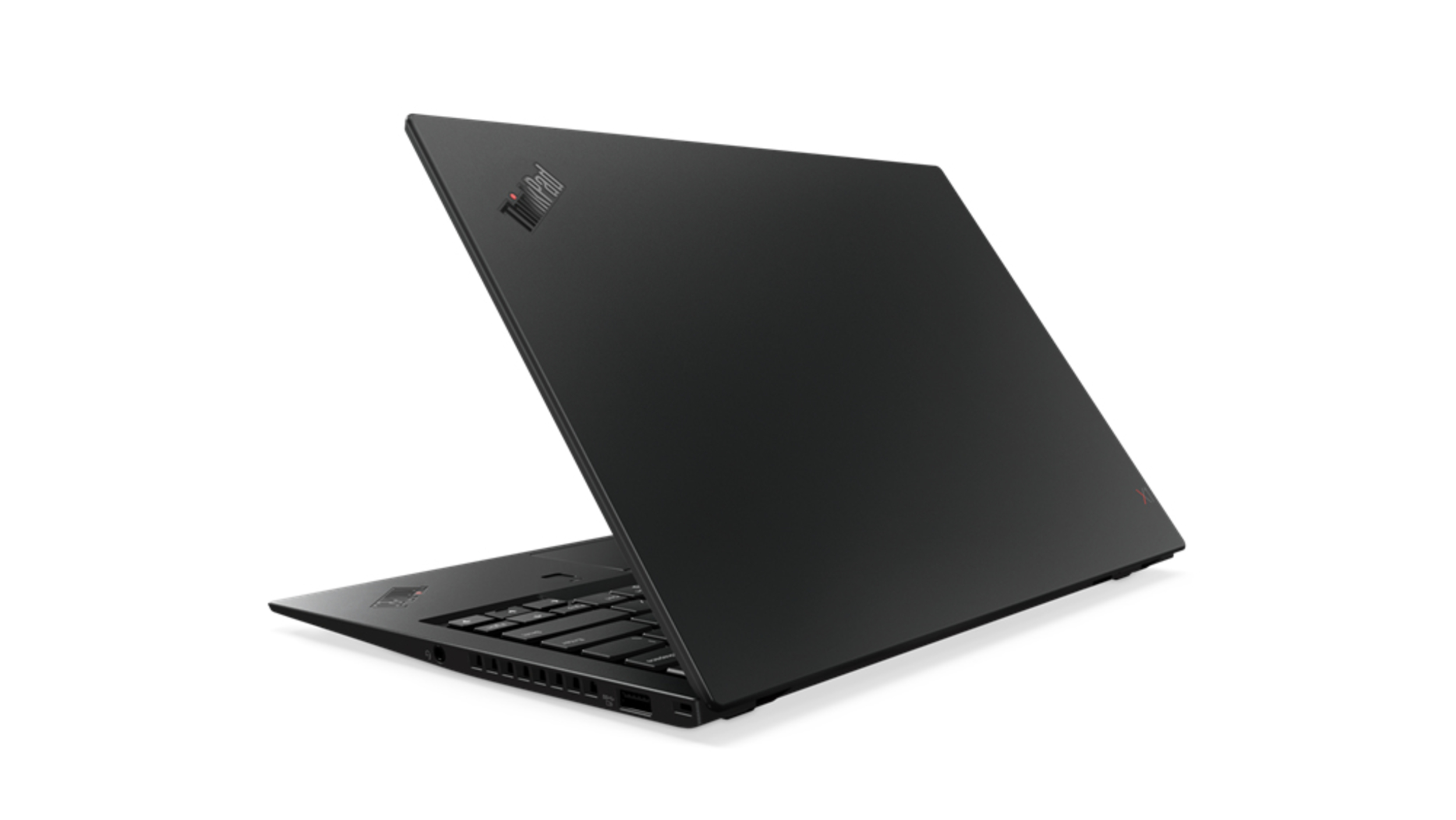 Schwarzer Laptop mit dem ThinkPad-Logo oben. Der Laptop befindet sich auf weißem Hintergrund.