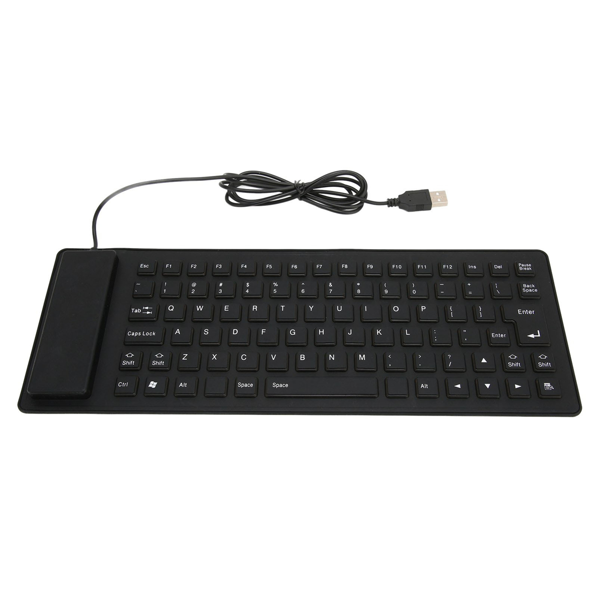 Schwarze, flexible Tastatur mit USB-Anschluss. Sie hat Standardtasten und einen integrierten Nummernblock.
