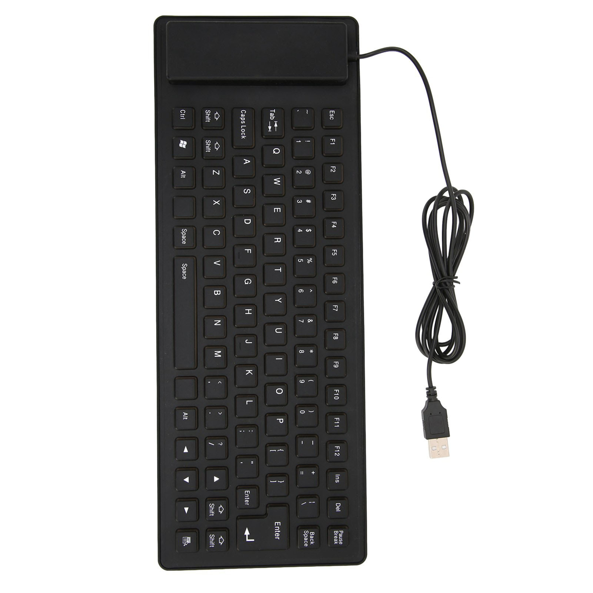 Schwarze flexible Tastatur mit weißen Tasten. USB-Kabel ist angeschlossen. Weißer Hintergrund.
