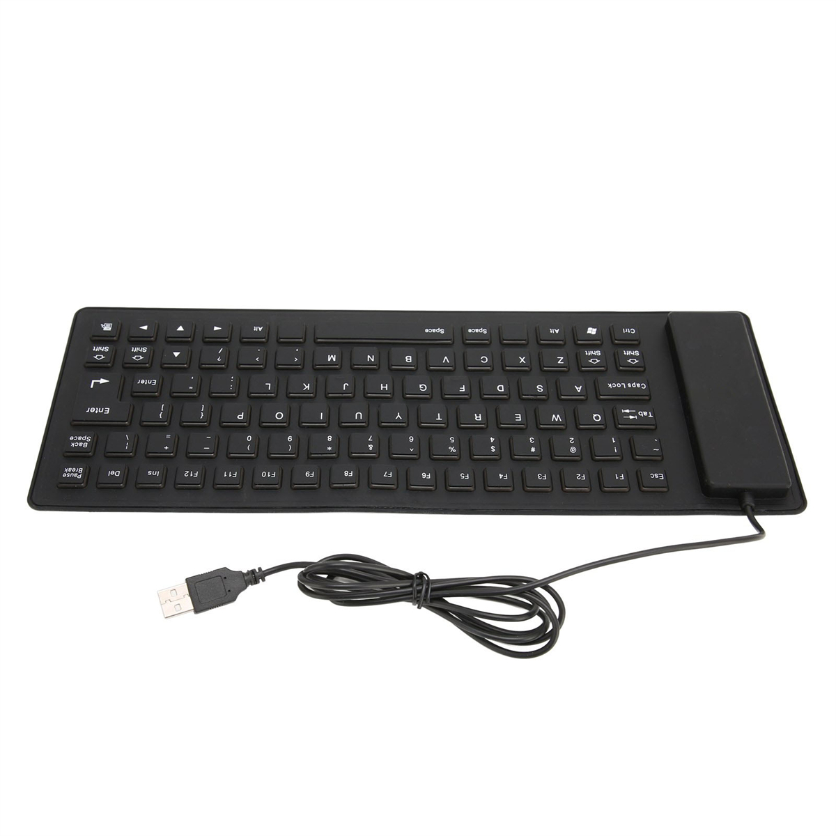 Schwarze, flexible Roll-up-Tastatur mit USB-Anschluss, schwarzen Tasten und schwarzem Rand.