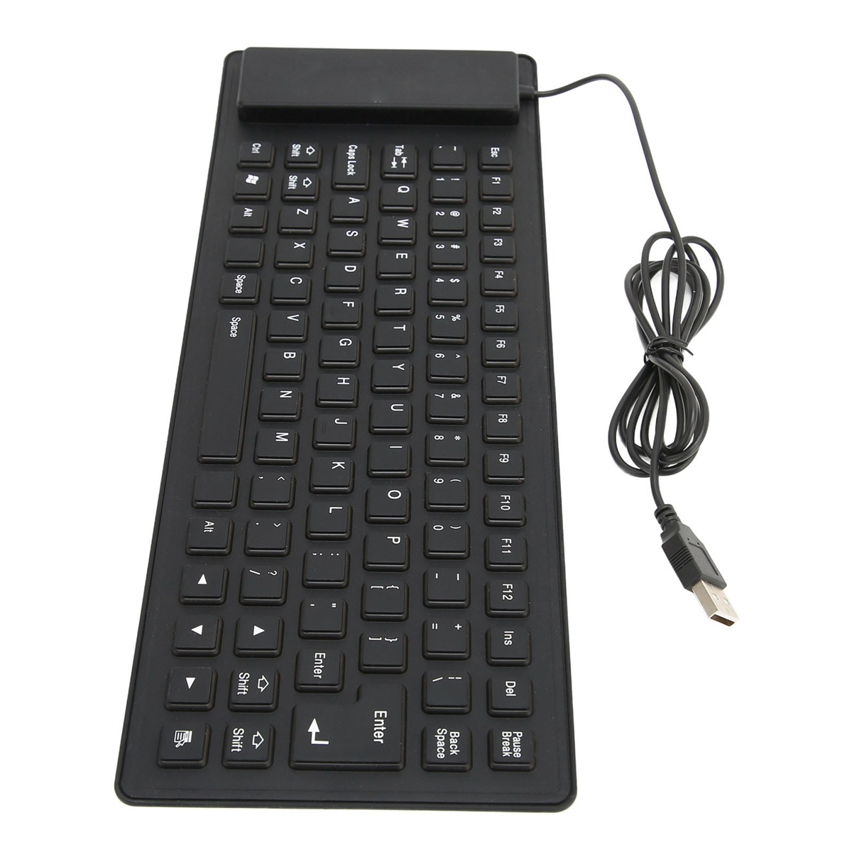 Eine schwarze flexible Tastatur mit weißen Tasten und einem aufgerollten USB-Kabel.