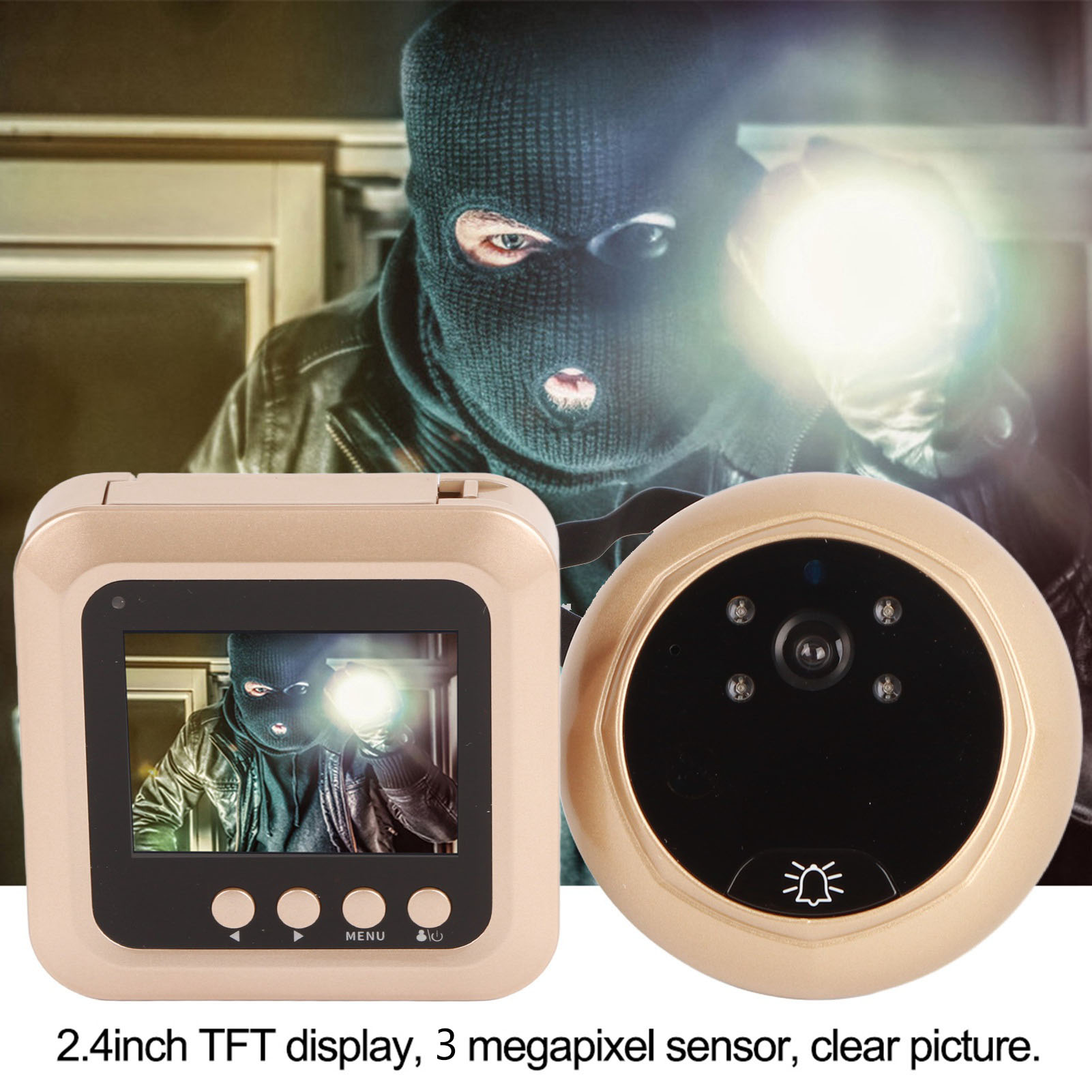 Ein Überwachungskamerasystem mit Kamera und Display. Eine Person mit Maske ist auf dem Display zu sehen.