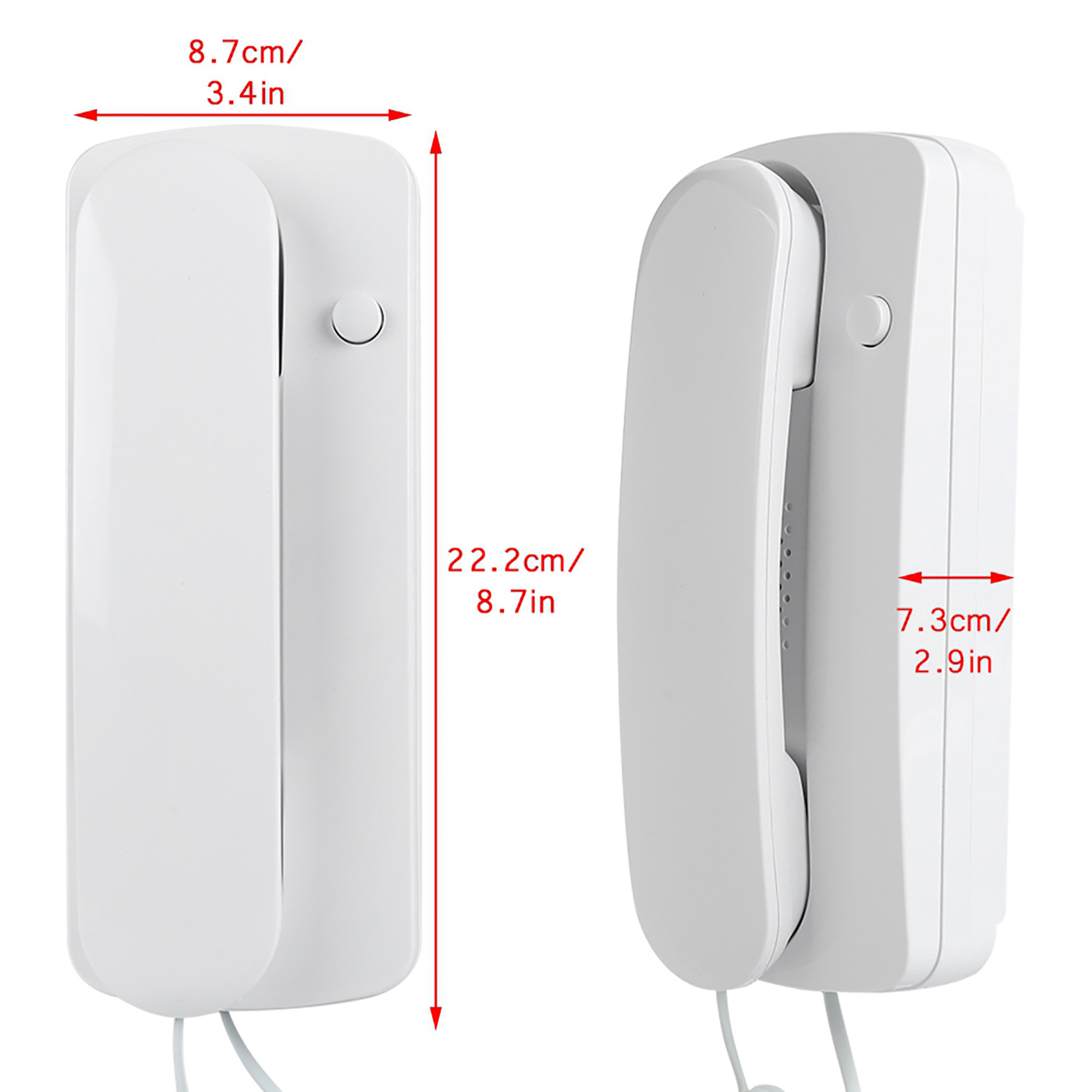 Weißes Türtelefon mit Abmessungen. Zwei Ansichten, vorne und seitlich.