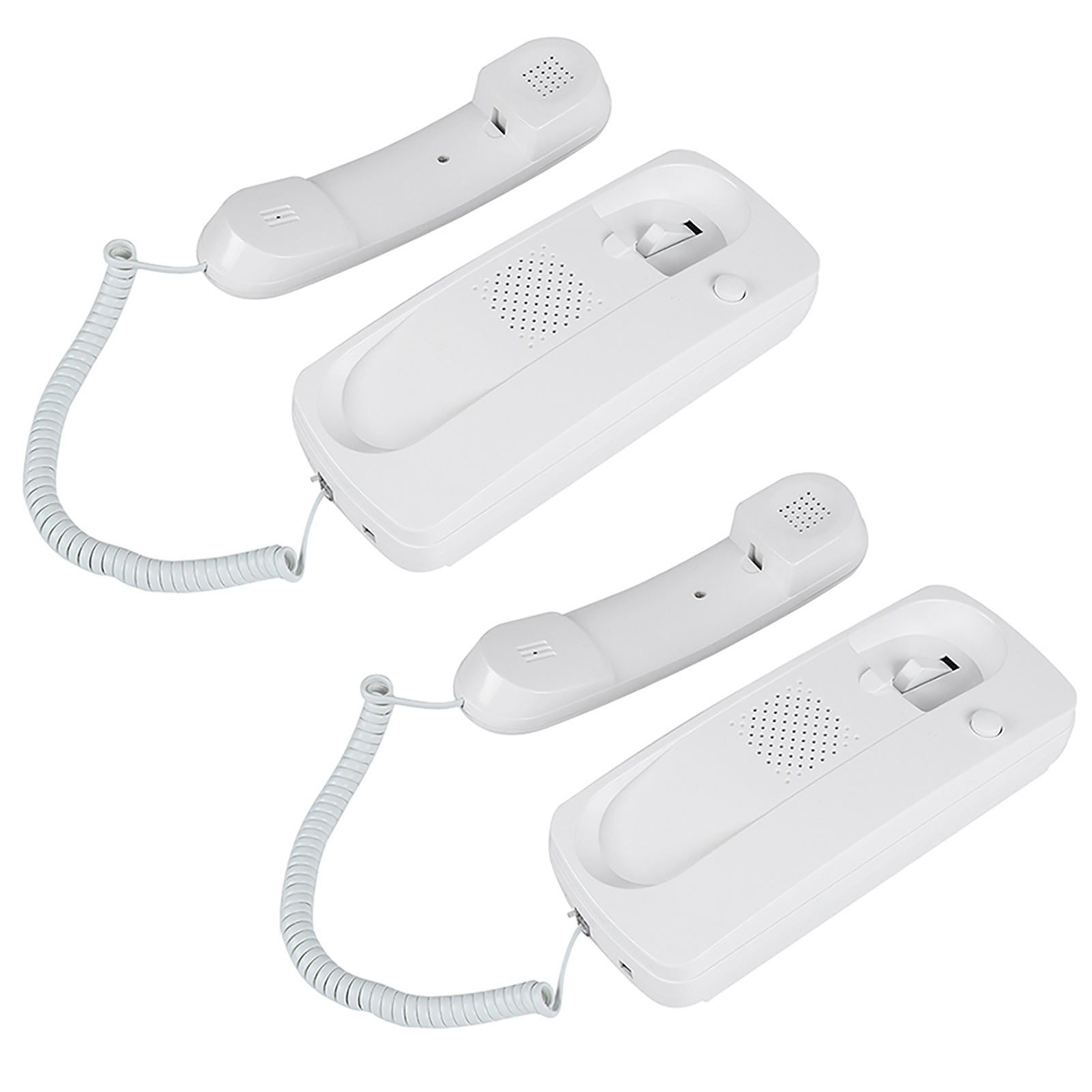 Zwei weiße Gegensprechanlagen mit Hörern. Jedes hat ein lockiges Kabel.