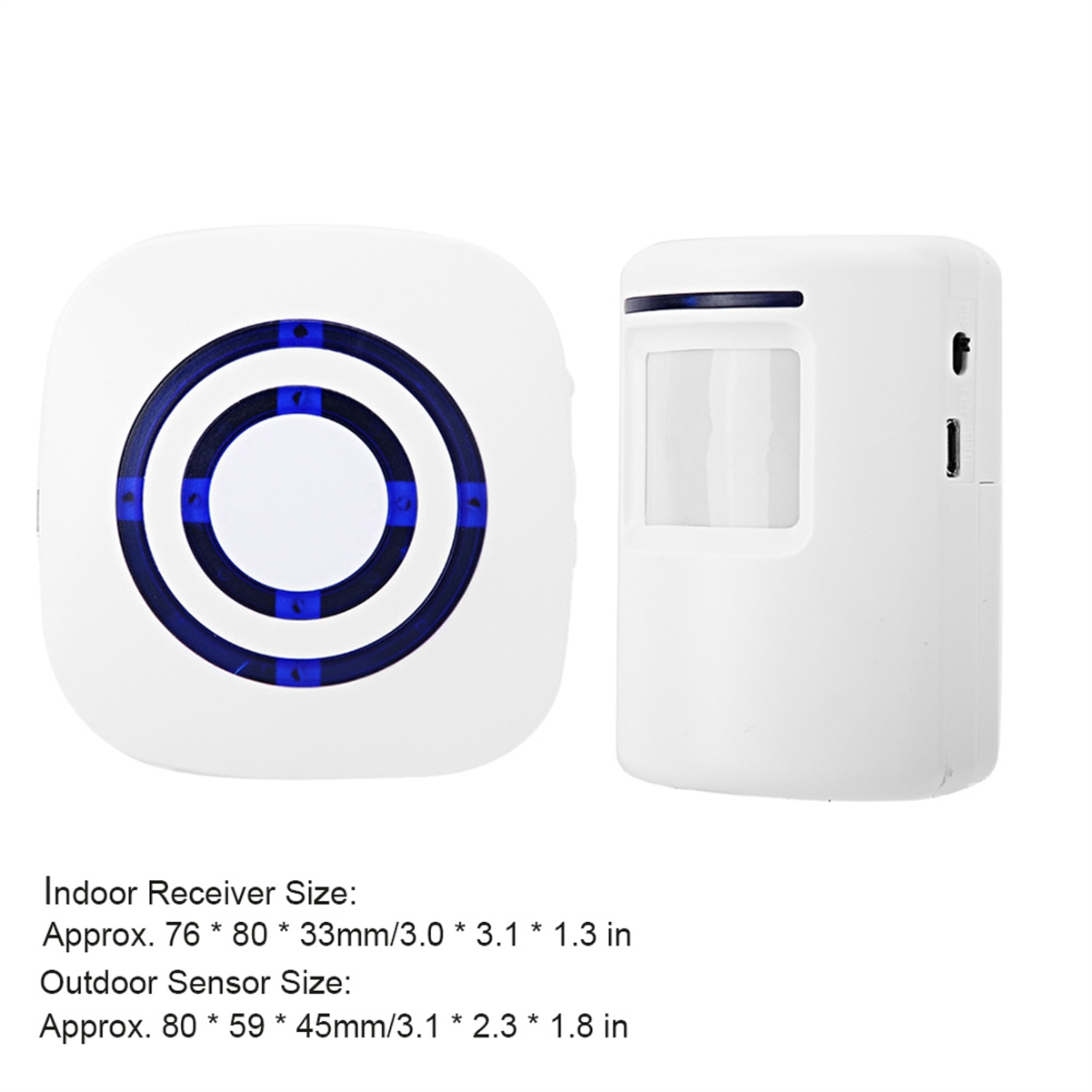 Ein weißer Innenempfänger und ein Außensensor. Der Sensor hat einen Bewegungsmelder.