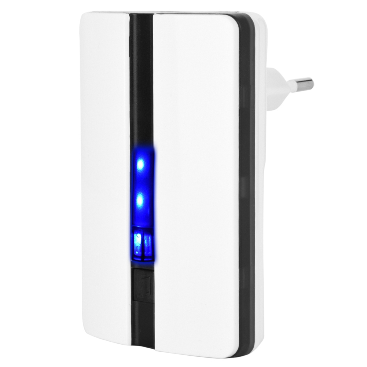 Ein weißer Wandstecker mit blauen LED-Leuchten und einem schwarzen Streifen an der Seite.
