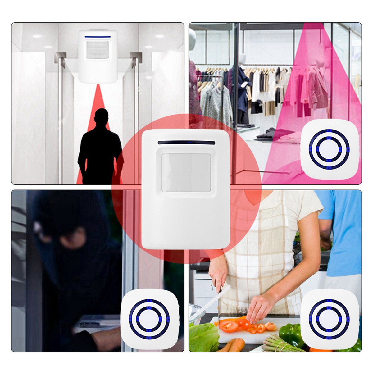 Mehrere Bilder, die ein Sicherheitssystem mit Sensor und Alarm in verschiedenen Szenarien zeigen.