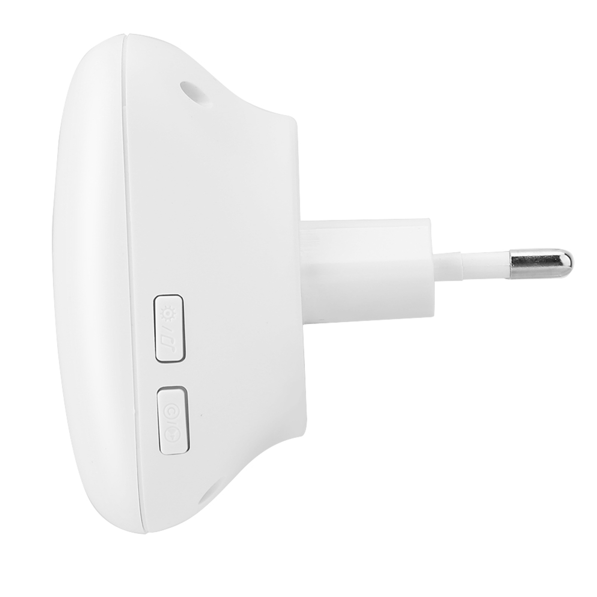 Ein weißer Netzstecker mit Knöpfen auf weißem Hintergrund.