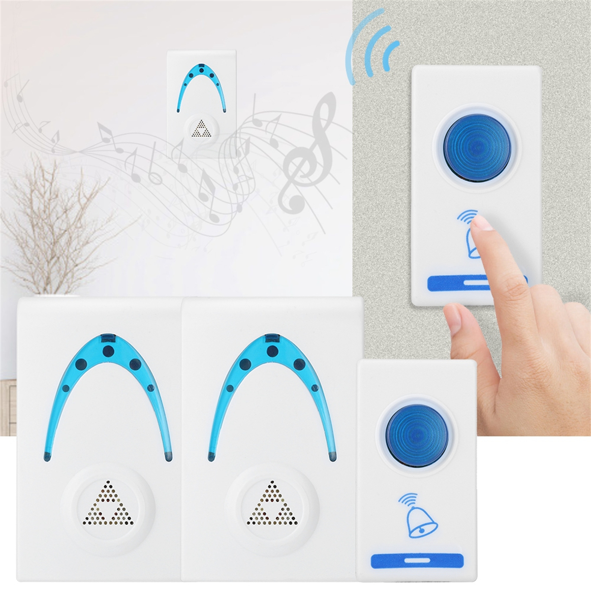 Weißes Türklingelsystem mit blauen Akzenten, Installation und Nutzung zeigend.