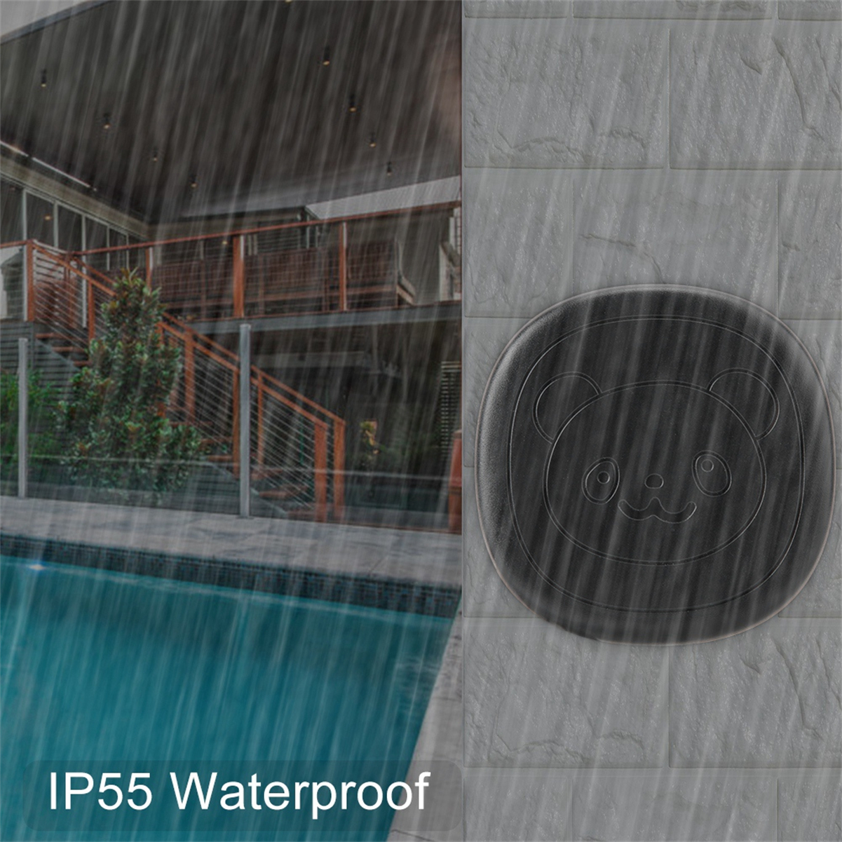 Ein runder, schwarzer Smart-Home-Knopf im Regen, mit Pool und Haus im Hintergrund.
