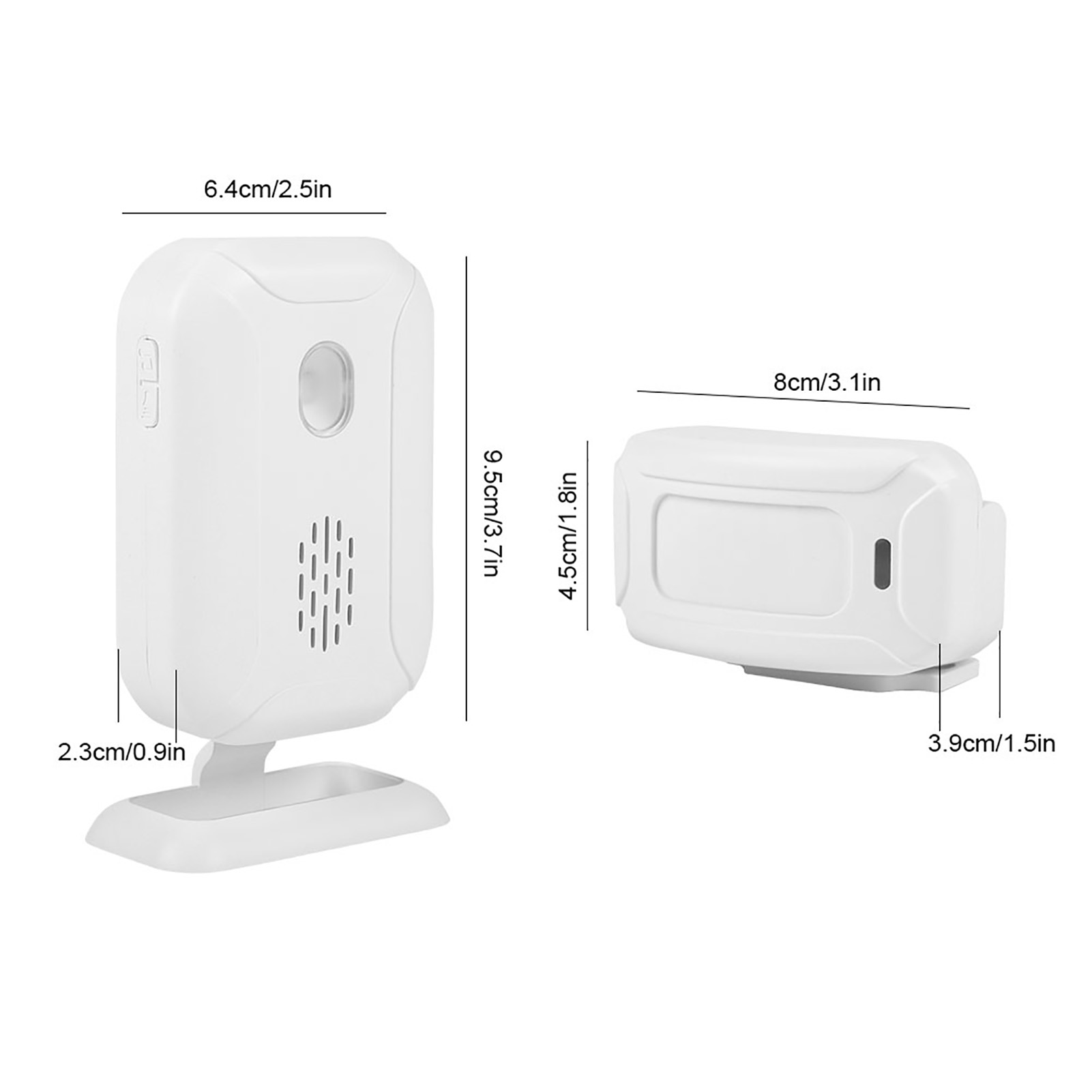 Weißes Gerät, 2 Teile: eines hoch mit Lüftungsschlitzen, das andere rechteckig mit Sensor. Abmessungen: 6,4/2,5 Zoll, 9,5/3,7 Zoll, 8/3,1 Zoll, 4,5/1,8 Zoll.