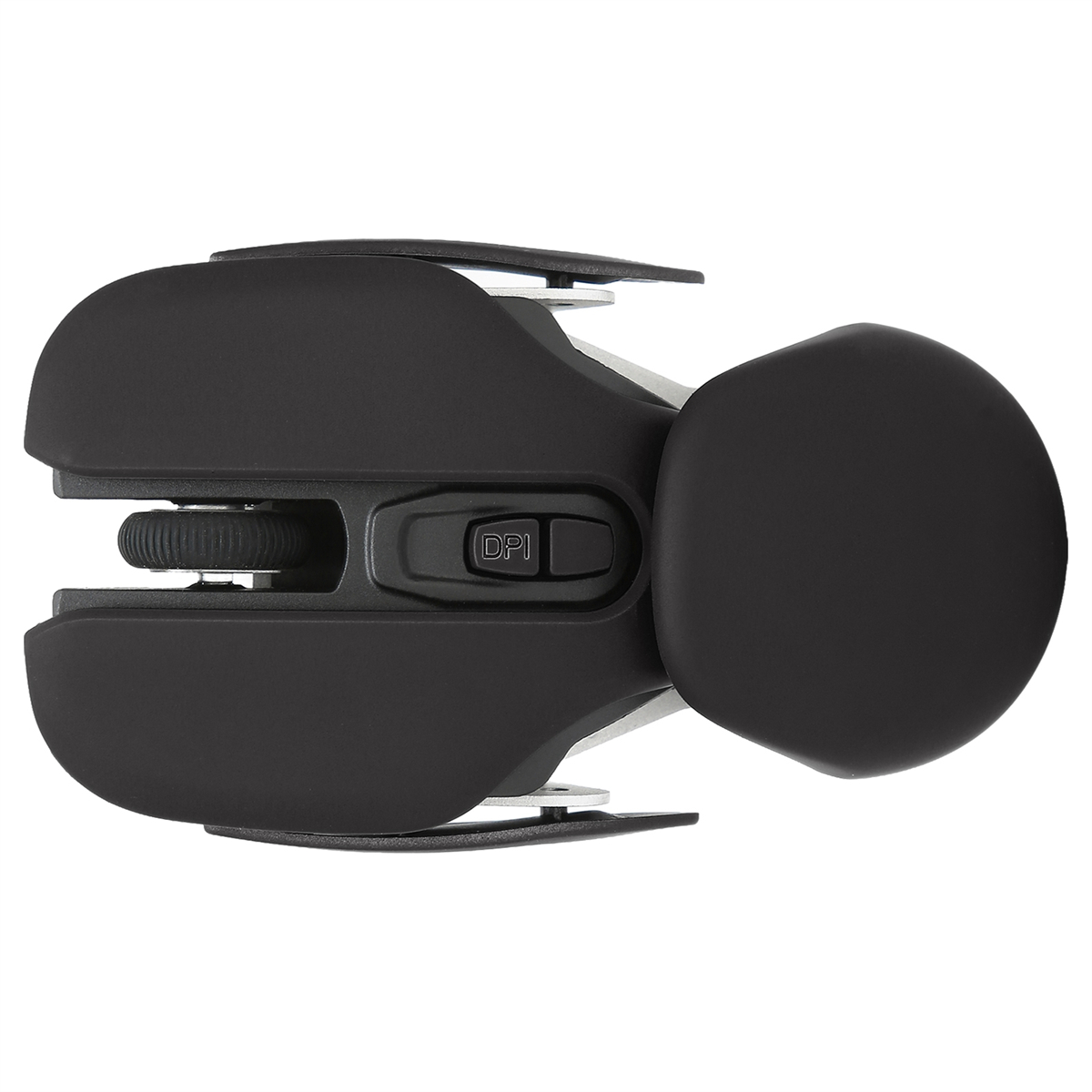 Schwarze Gaming-Maus mit Scrollrad und DPI-Taste. Die Maus hat Seitenteile.