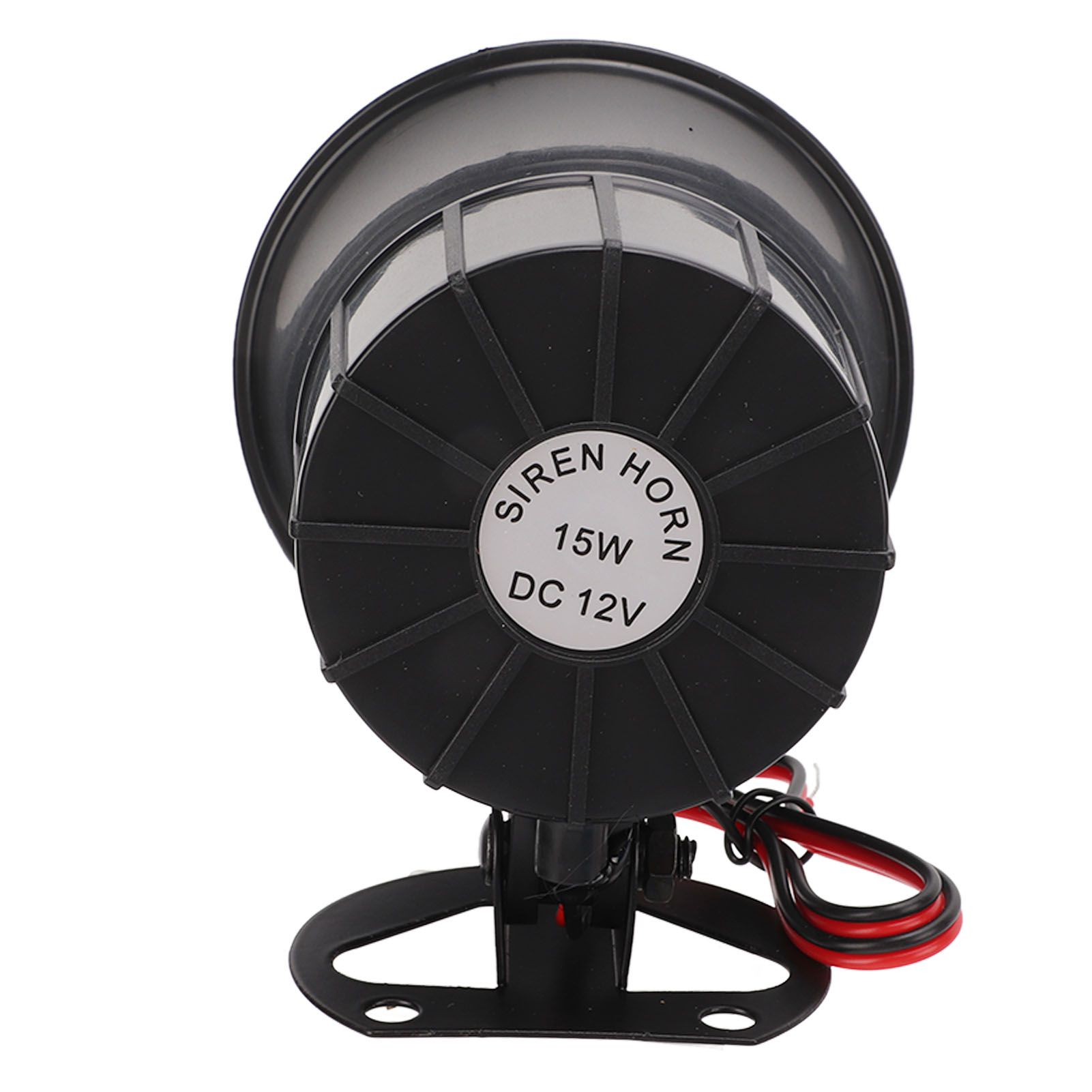 Eine schwarze Sirenenhupe mit Metallbasis und roten und schwarzen Drähten.