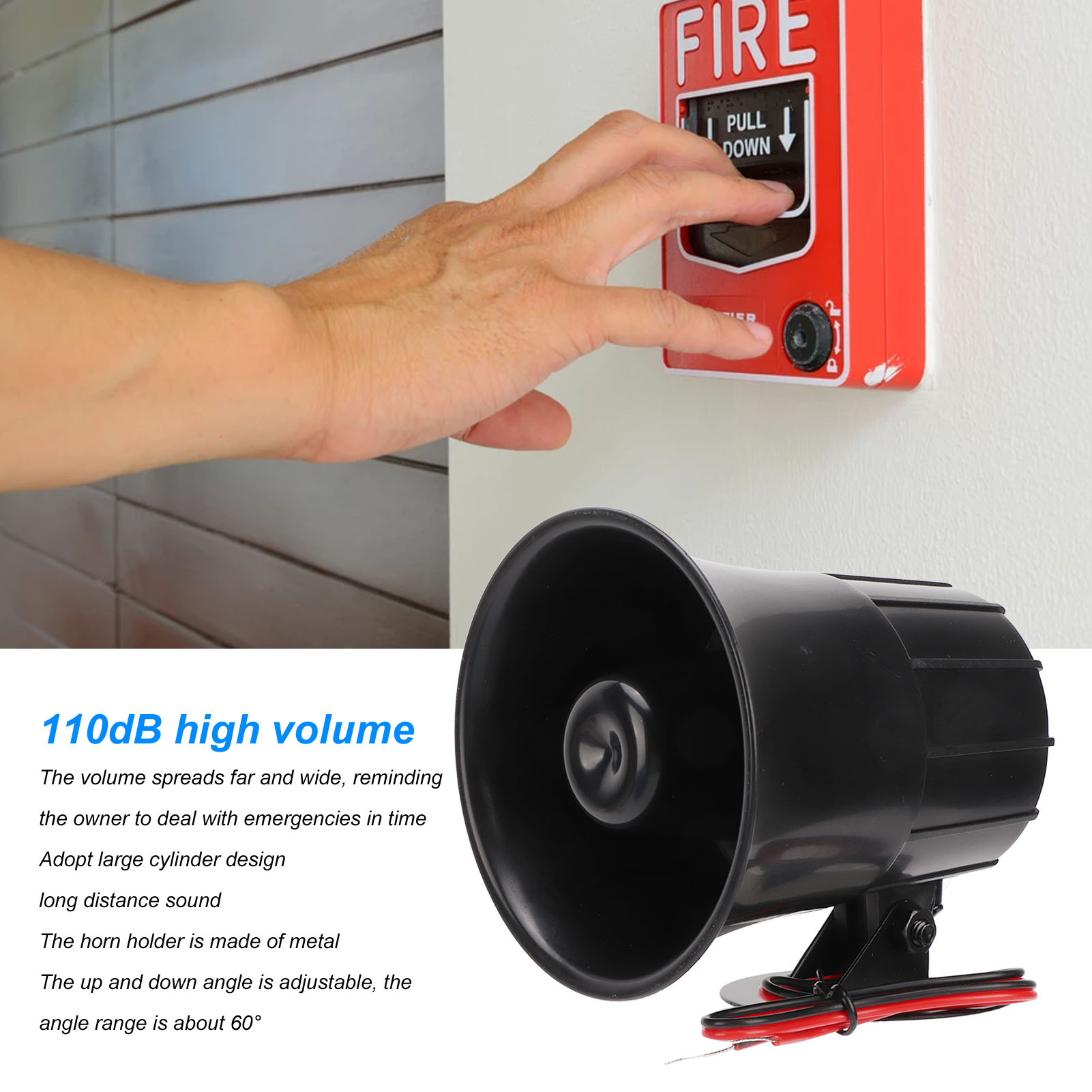 Ein roter Feuermelder und ein schwarzer Hornlautsprecher an einer Wand.