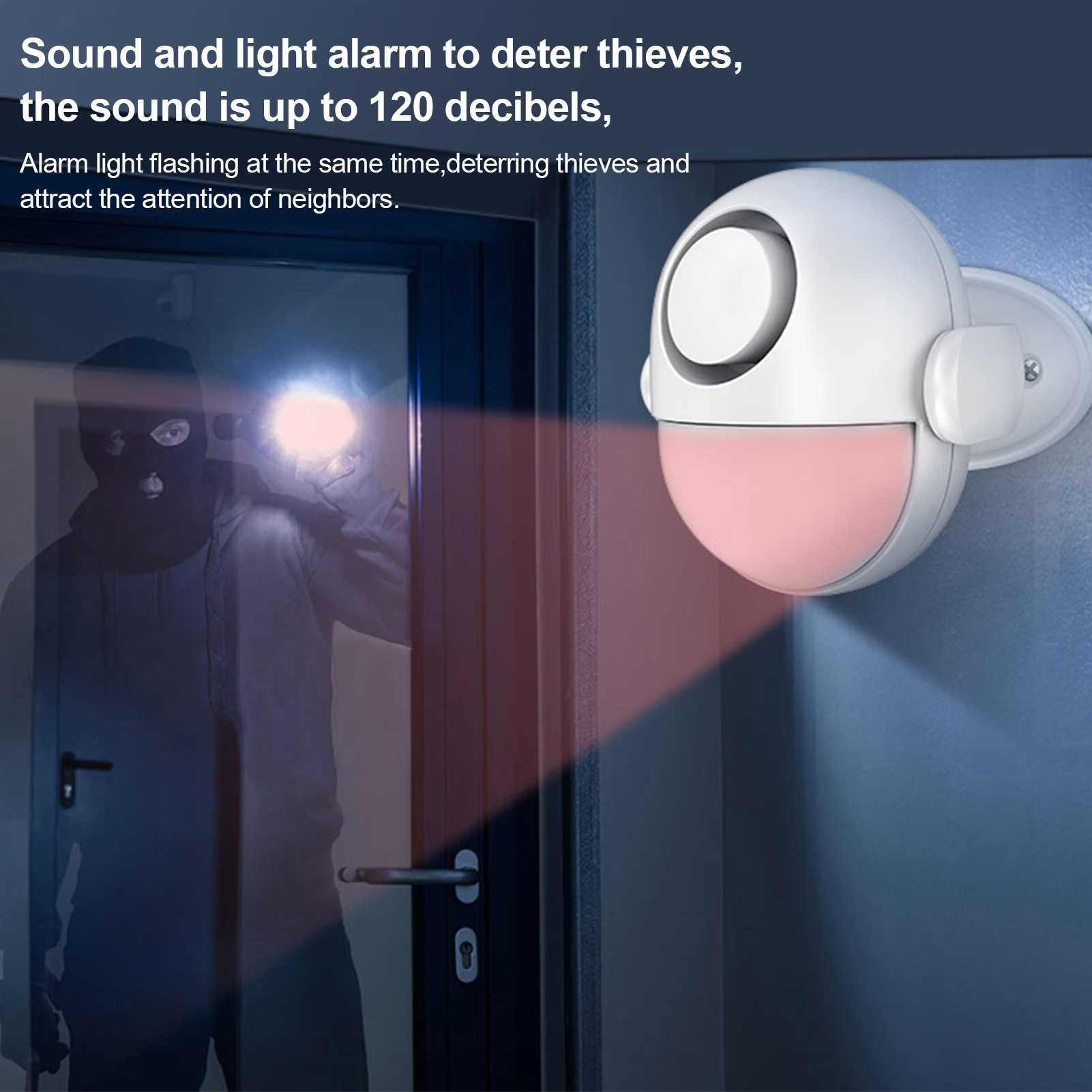 Weißer Sicherheitsalarm mit rotem Licht. Eine Person mit einer Taschenlampe im Hintergrund.