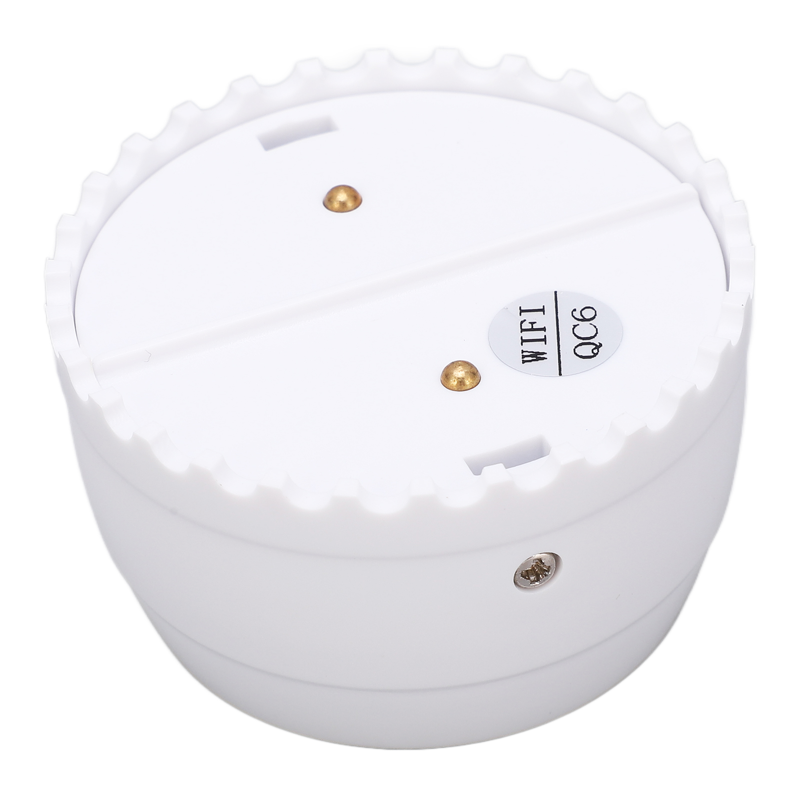 Ein weißes, rundes Gerät mit WIFI- und QC6-Etiketten.
