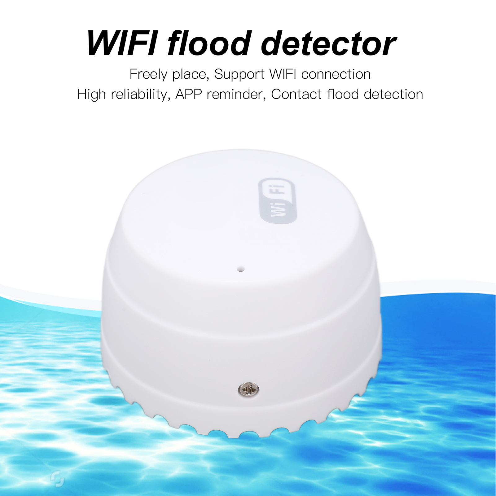 Ein weißer Hochwassermelder mit Wi-Fi-Logo, auf blauem, wasserartigen Hintergrund, leicht angewinkelt.