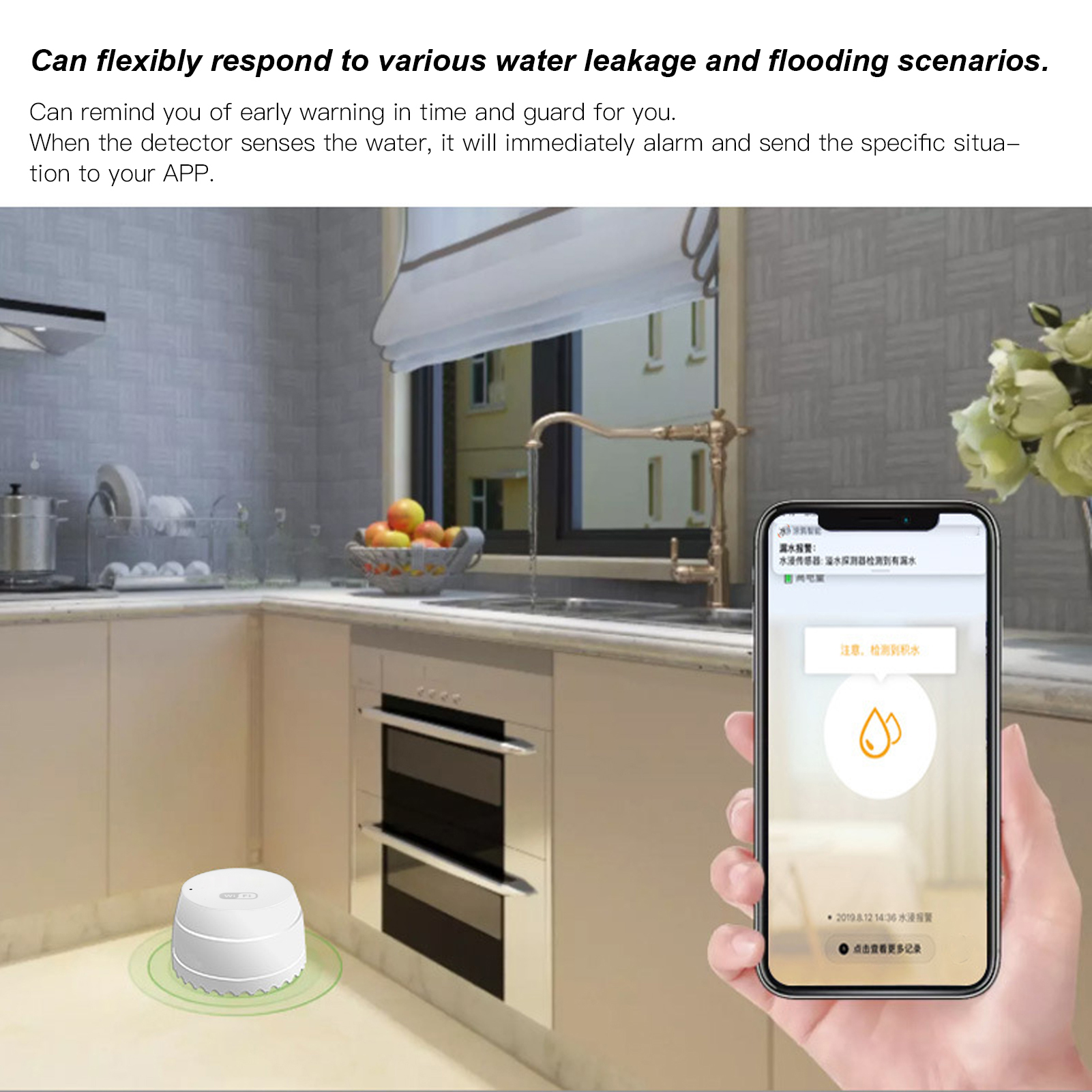 Ein Wassersensor in einer Küche neben einem Telefon mit Wasserstandsanzeige.