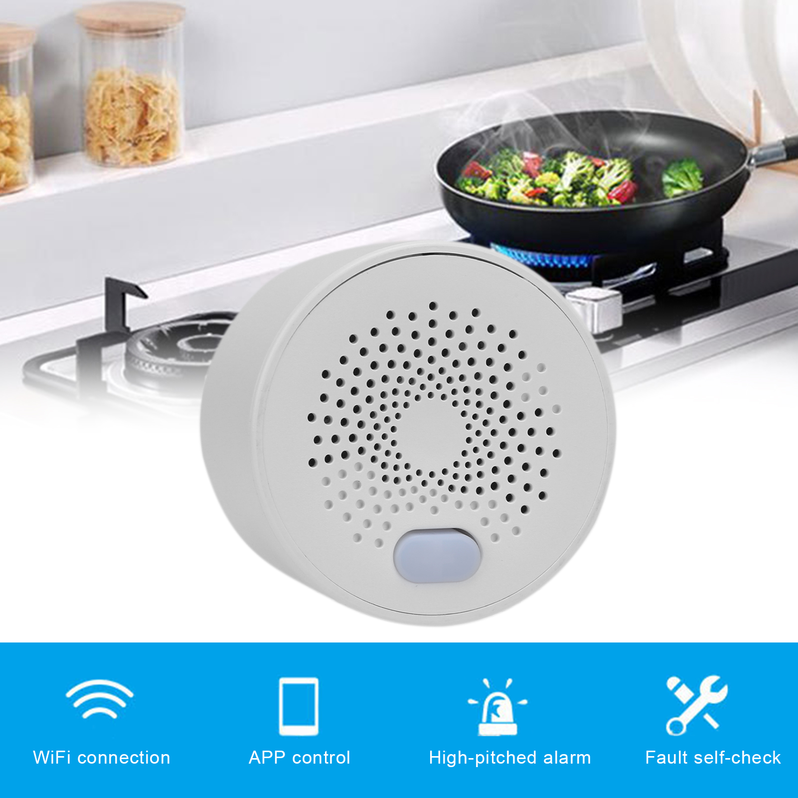 Ein weißer Rauchmelder mit blauem Knopf. Symbole darunter: WLAN, App, Alarm und Fehlerprüfung.