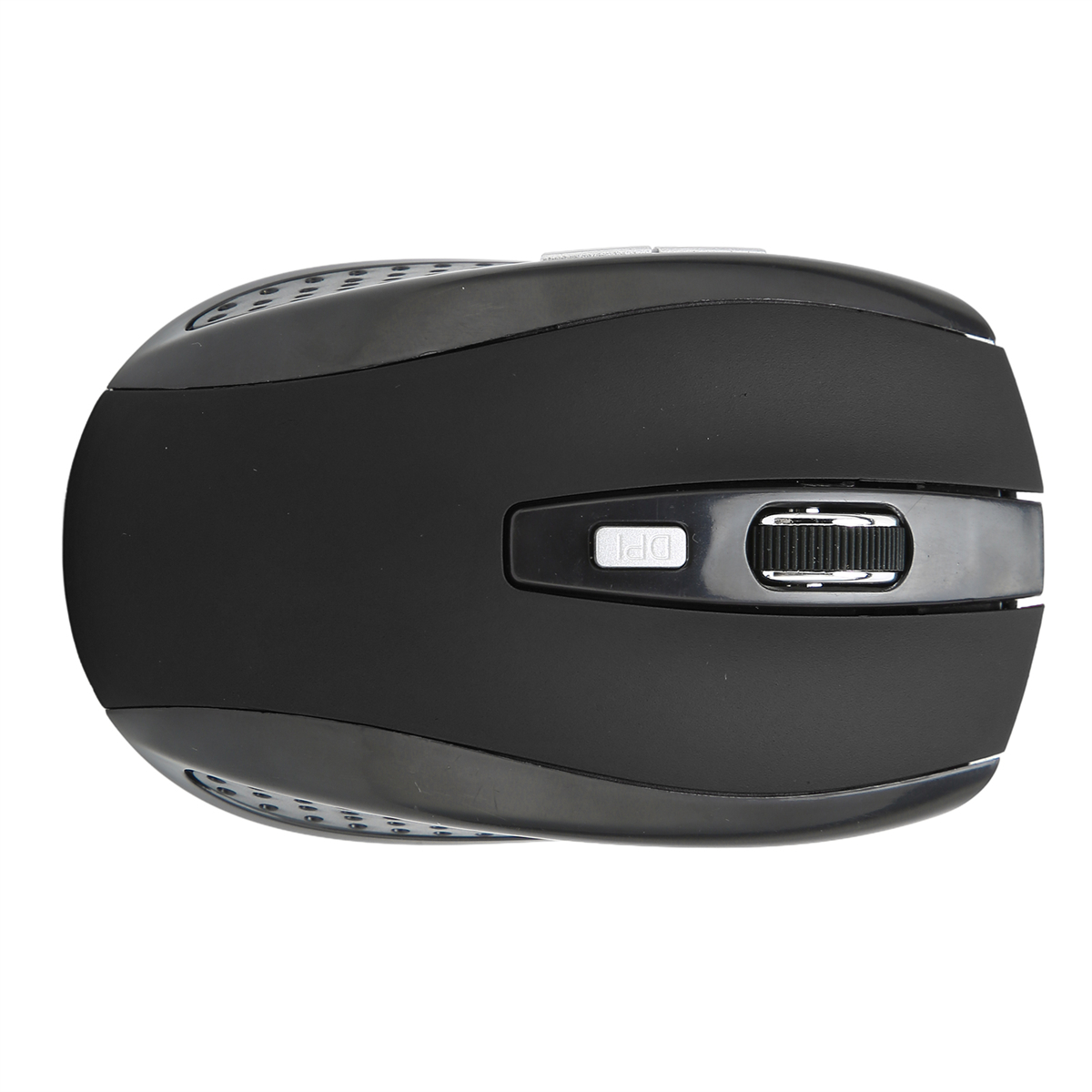 Eine schwarze Computermaus von oben betrachtet, mit einem Scrollrad und einer DPI-Taste.
