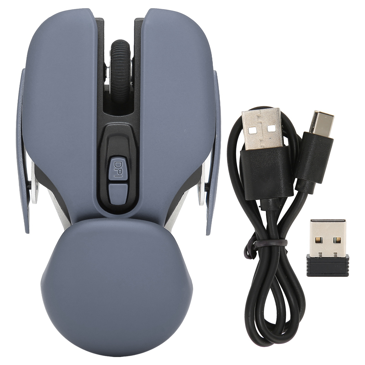 Graue Gaming-Maus mit Scrollrad und Tasten. USB-Kabel und USB-Empfänger.