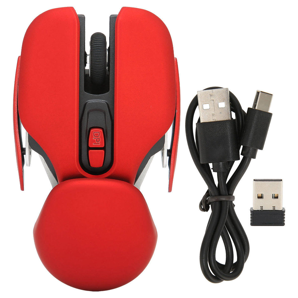 Rote Gaming-Maus mit Ladekabel und USB-Empfänger.