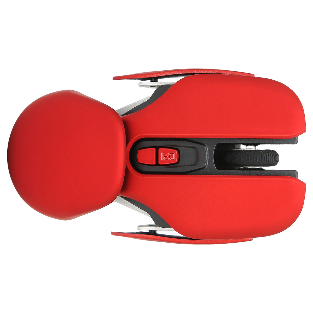 Rote Gaming-Maus, Draufsicht. Sie hat eine DPI-Taste, ein Scrollrad und ein ergonomisches Design für die rechte Hand.