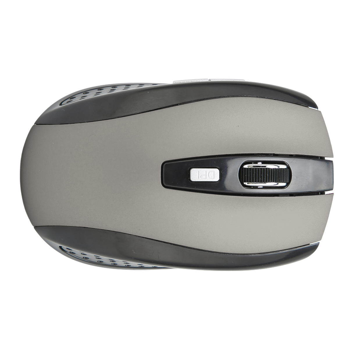 Graue und schwarze Computermaus. Die Maus hat ein Scrollrad und eine DPI-Taste.
