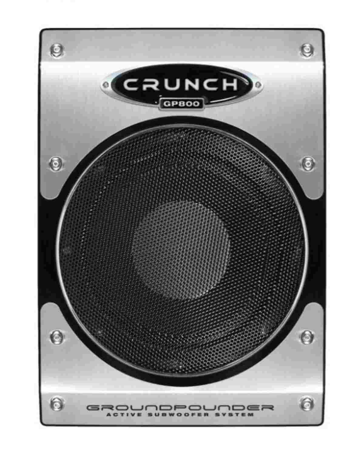 Ein silberner und schwarzer Crunch Groundpounder Subwoofer-Lautsprecher mit Mesh-Abdeckung.