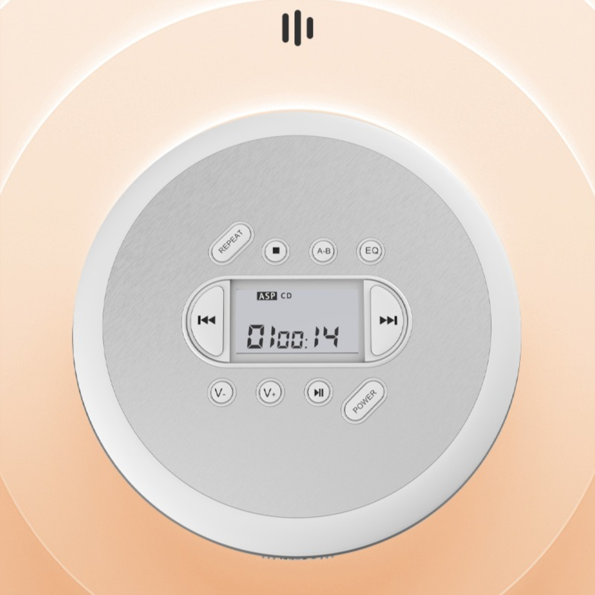 Ein silberner und weißer CD-Player mit Bedienelementen und digitaler Zeitanzeige.