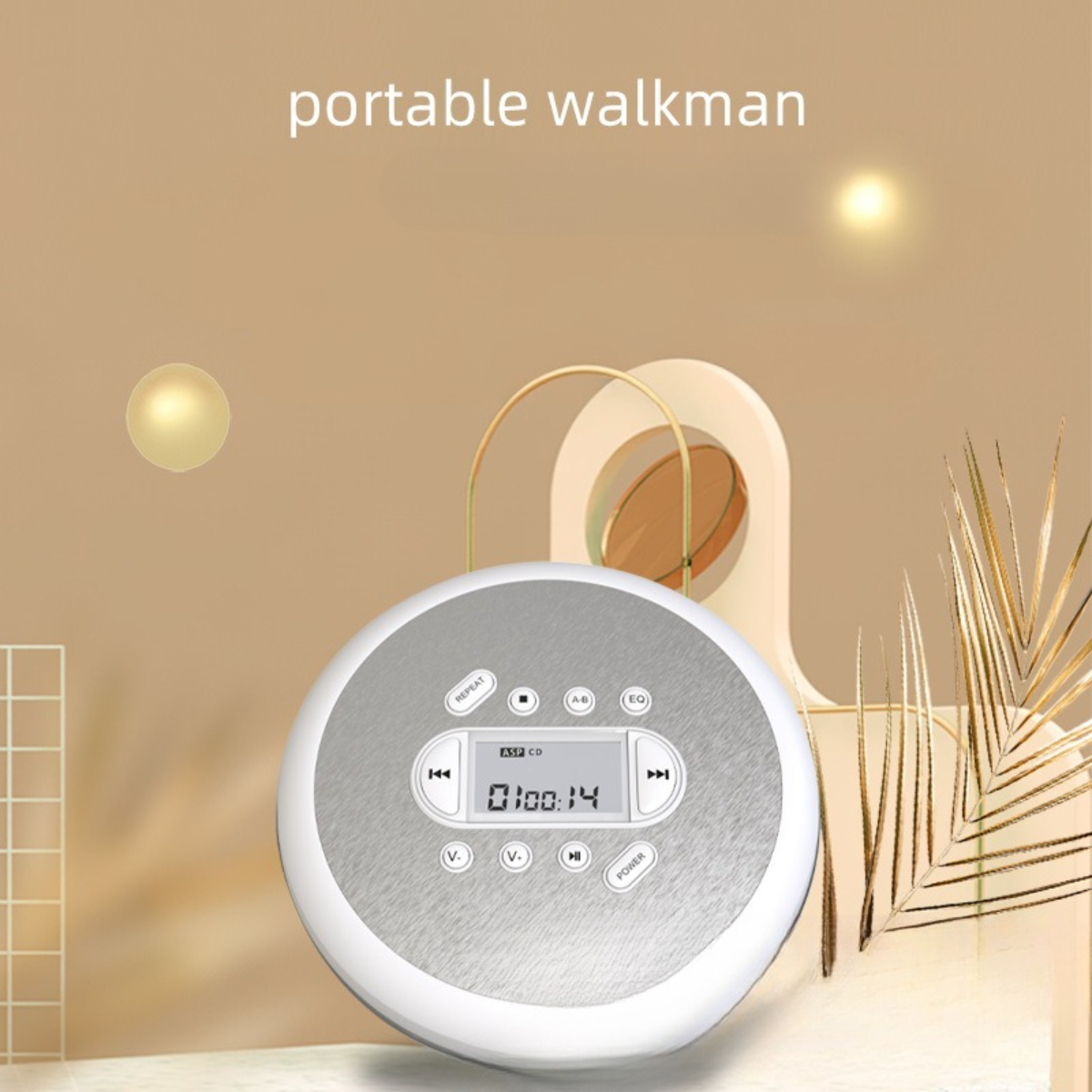 Ein tragbarer Walkman mit Display, Knöpfen und silber-weißem Design.