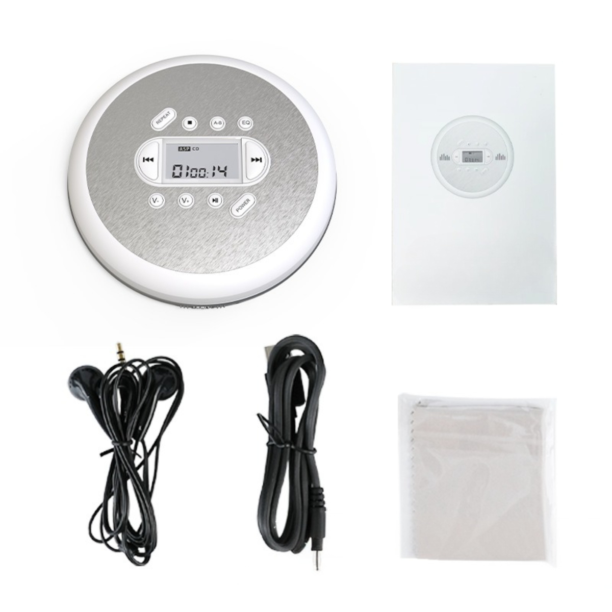 Ein tragbarer CD-Player, mit CD und Kopfhörern, Netzkabel und einem Reinigungstuch. Alle Artikel sind weiß.