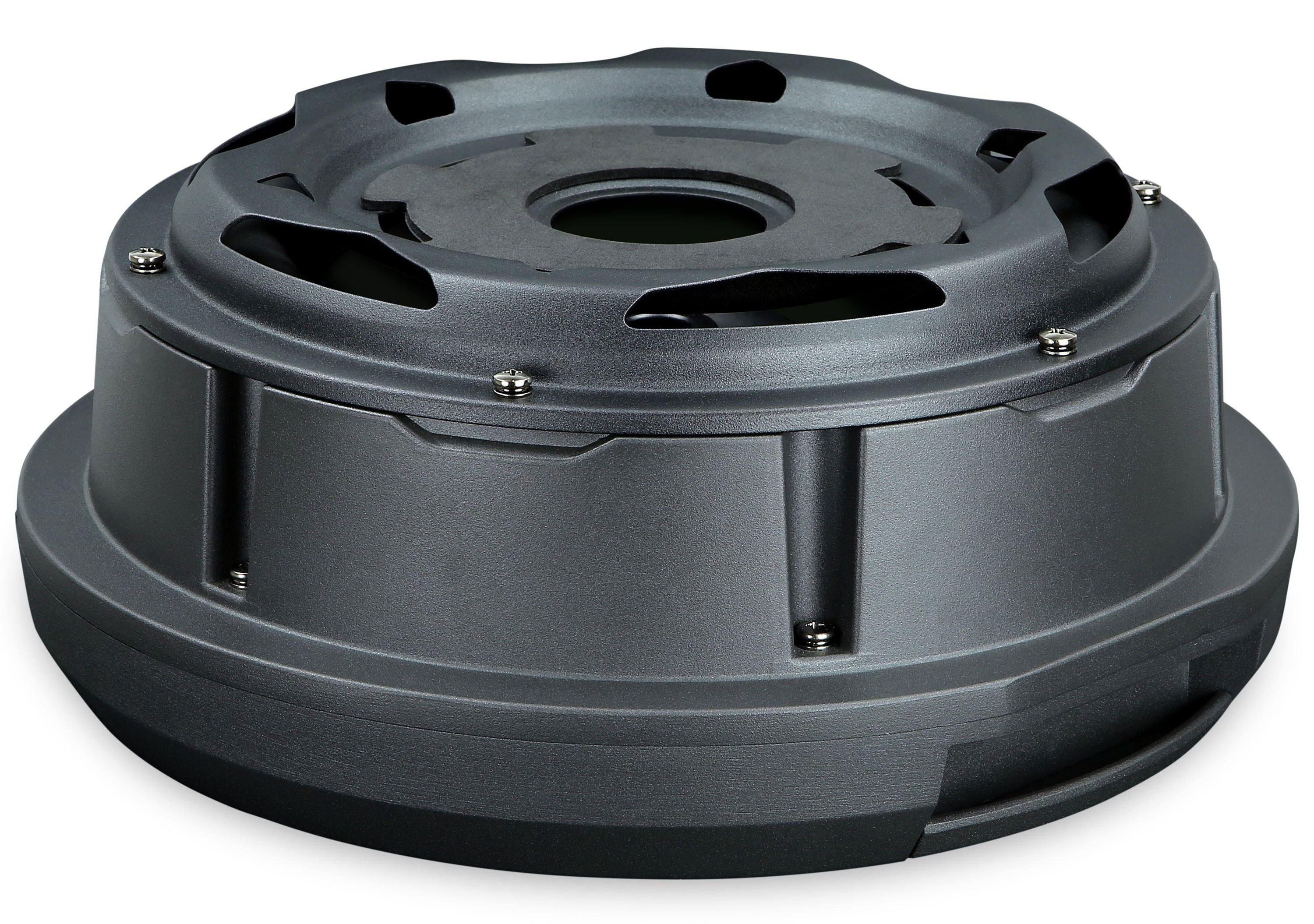 Schwarze Lautsprecherkomponente, ein Subwoofer. Dunkel, zylindrisch mit Belüftungsöffnungen. Isoliert auf weißem Hintergrund.