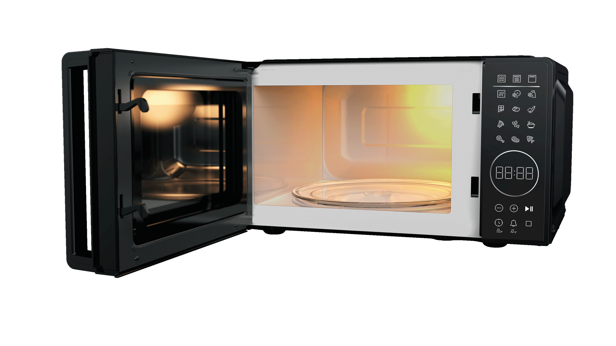 Czarna kuchenka mikrofalowa z otwartymi drzwiami, oświetlająca wnętrze. Czarne tło.