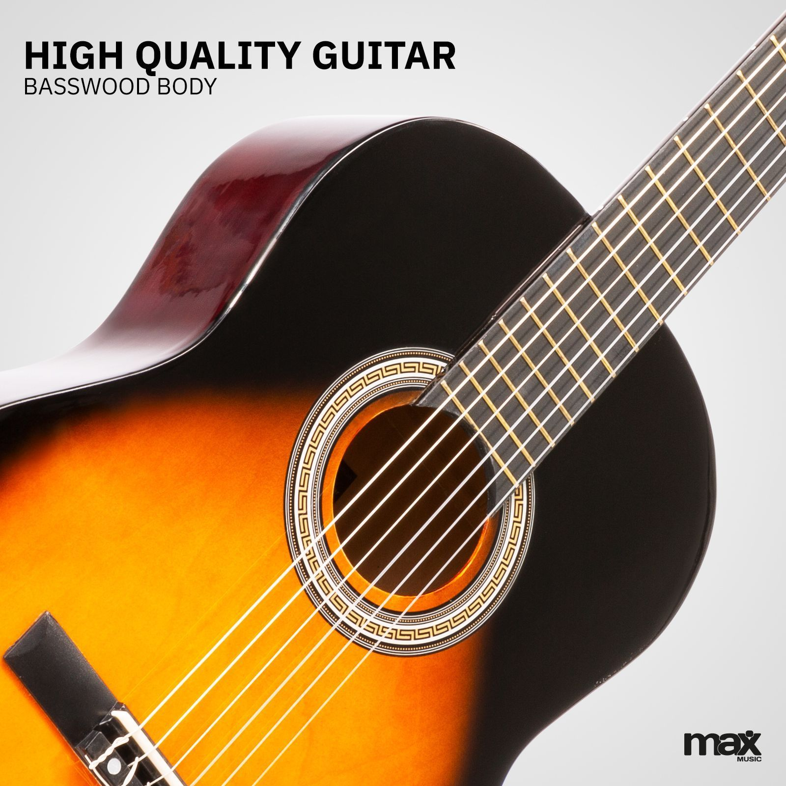 Akustikgitarre mit Sunburst-Finish, schwarz und braun. Nahaufnahme des Schalllochs.