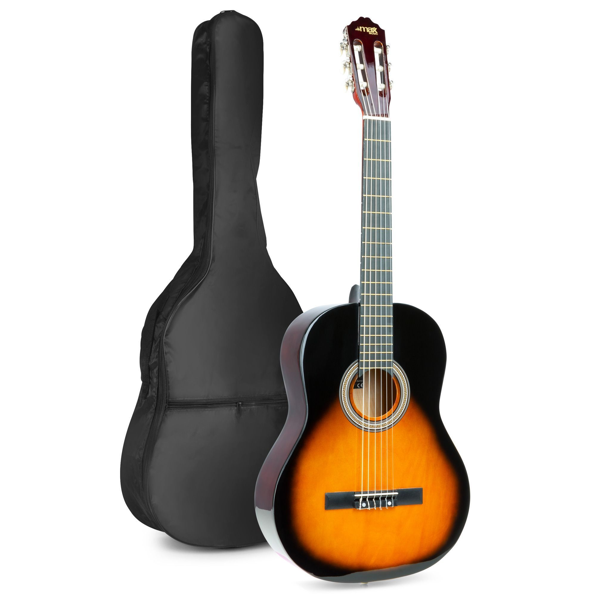 Klassische Gitarre mit Koffer. Gitarre ist braun, schwarz und hellbraun.