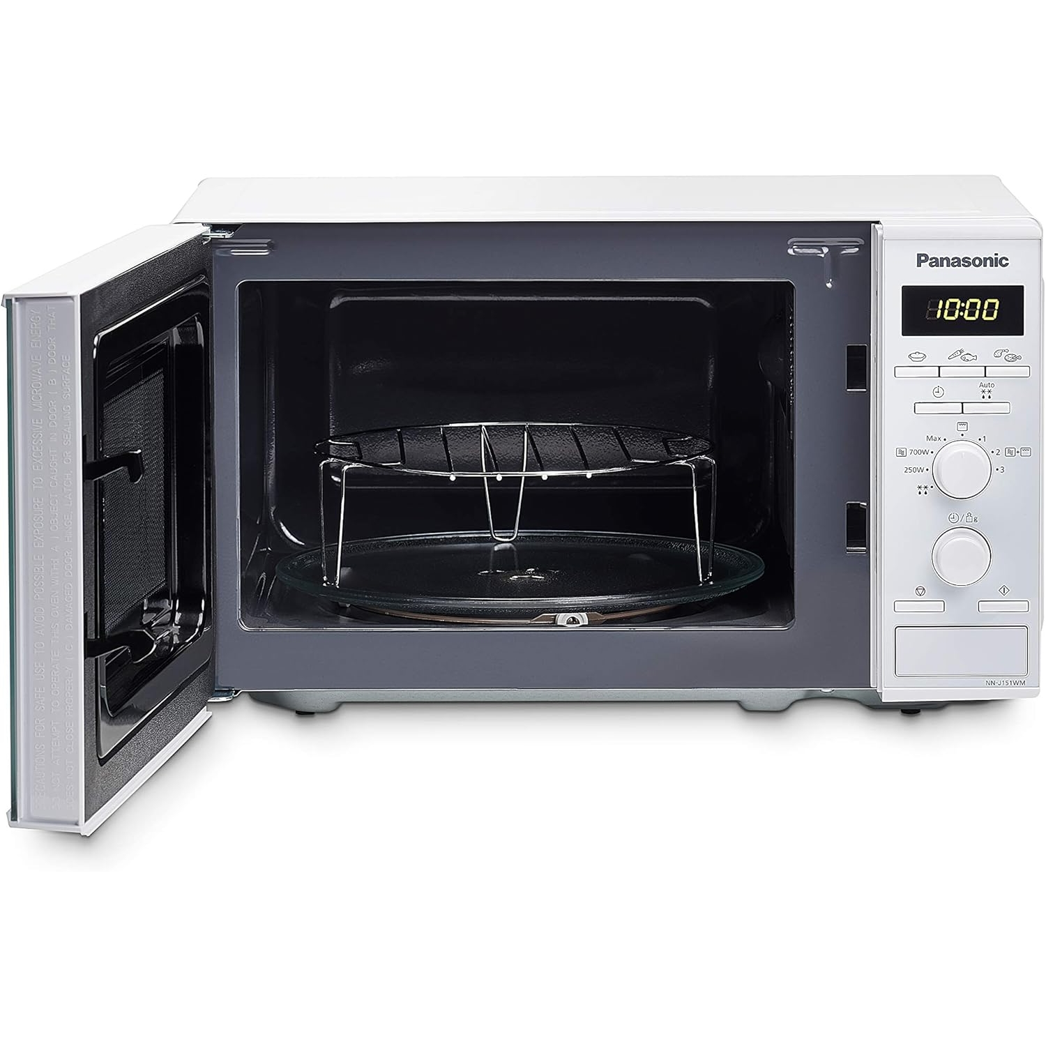 Horno microondas blanco con la puerta abierta, muestra la hora.