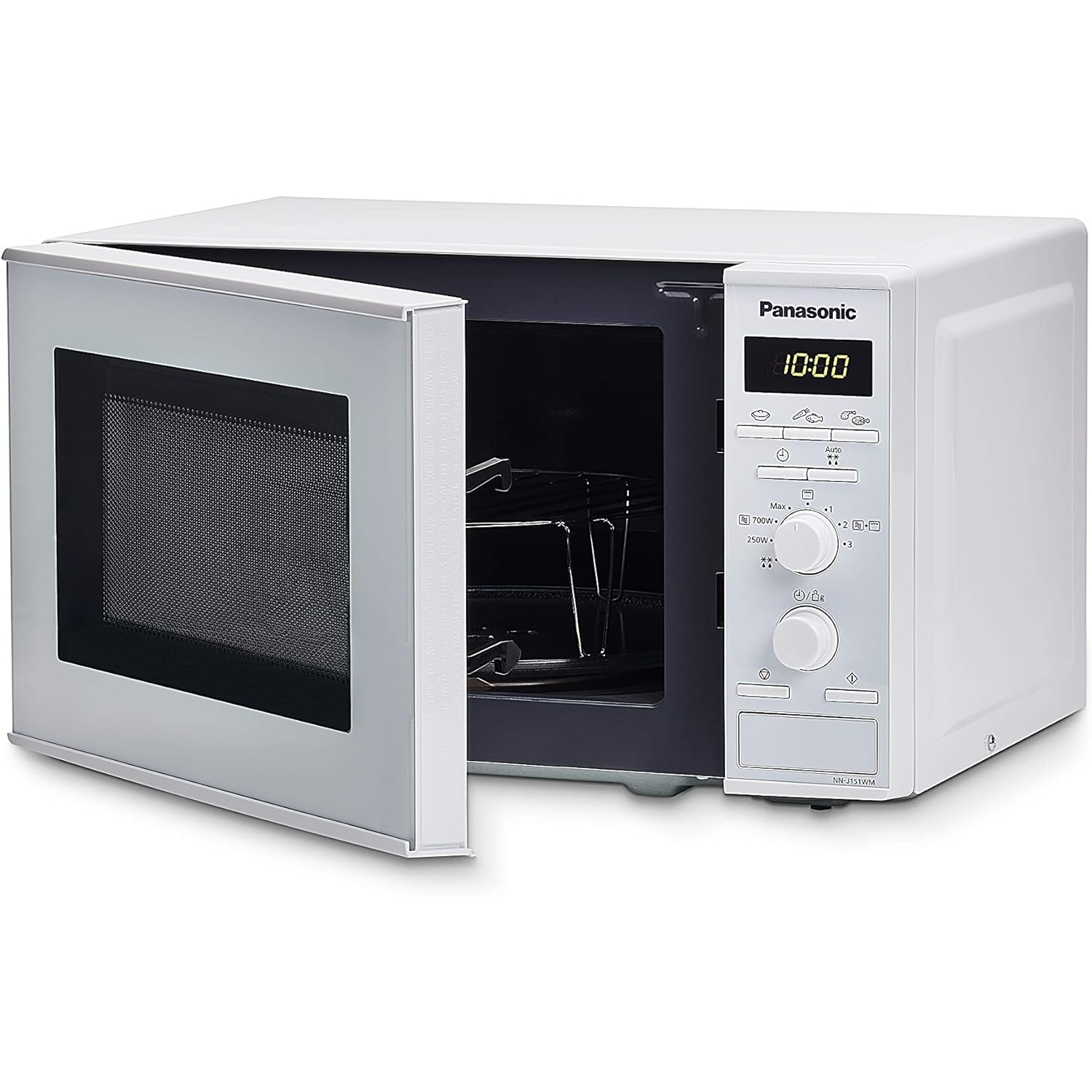 Microondas Panasonic blanco con la puerta abierta, revelando el interior y una rejilla.