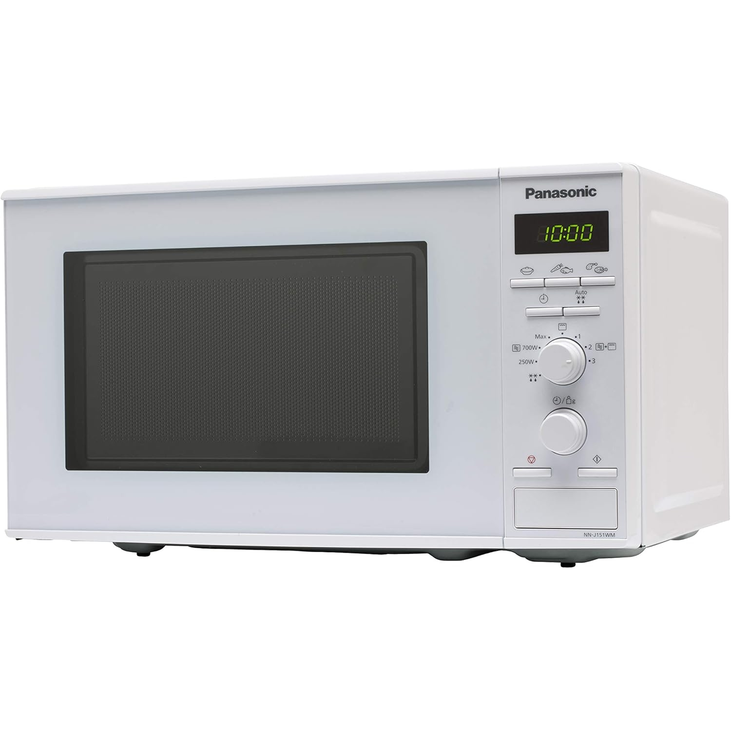 Un microondas blanco con puerta negra y pantalla digital. Los controles y botones están en el lado derecho.