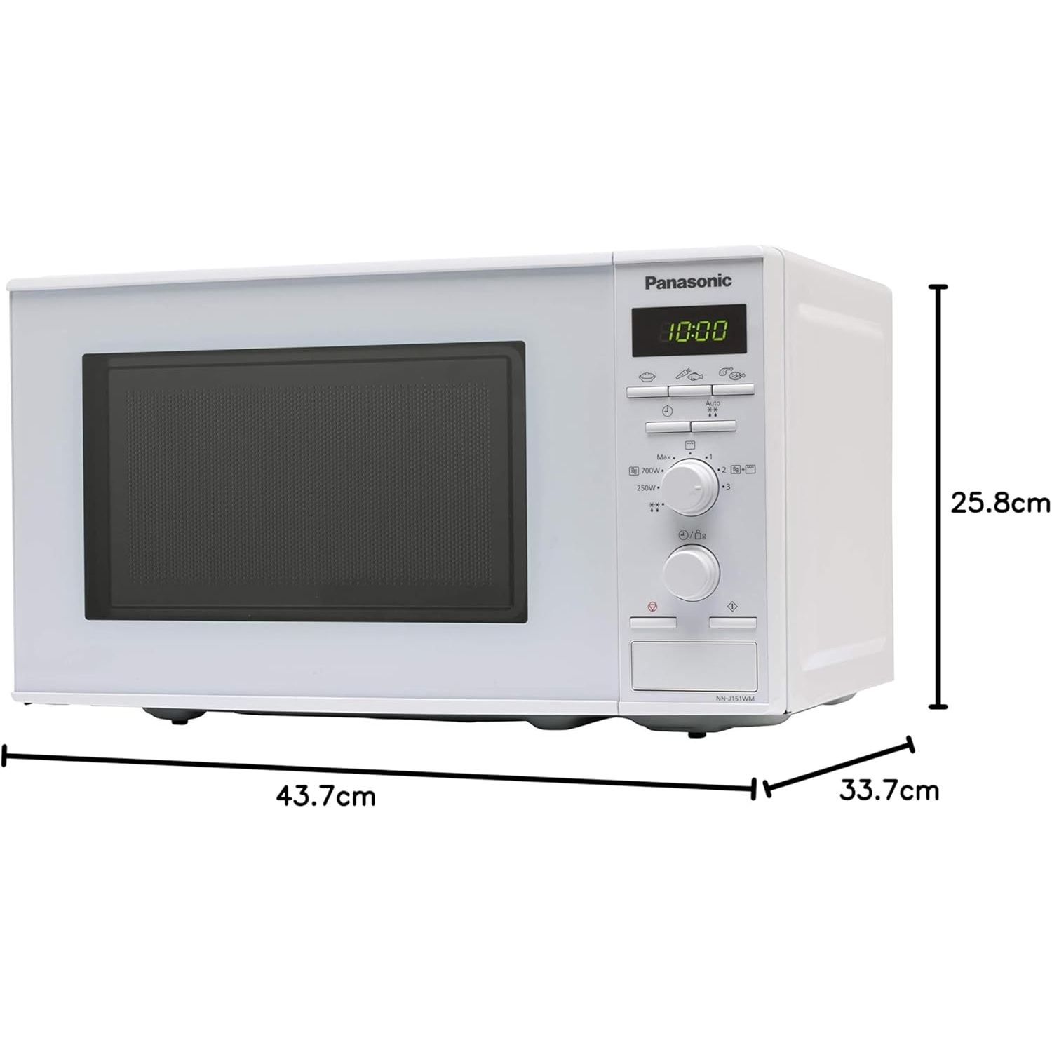 Microondas Panasonic blanco con puerta negra y pantalla digital. Tiene dimensiones: 43,7 cm, 33,7 cm, 25,8 cm.