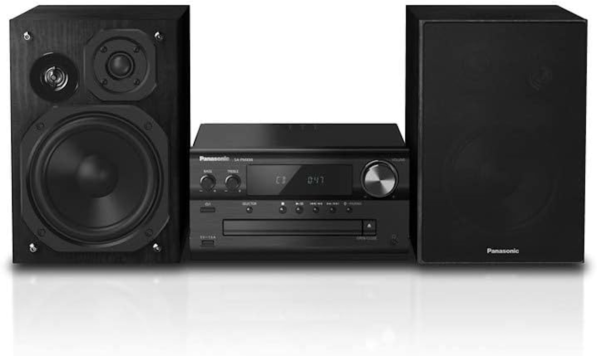 Impianto stereo con due altoparlanti e un'unità centrale. Gli altoparlanti sono neri e l'unità centrale è nera.