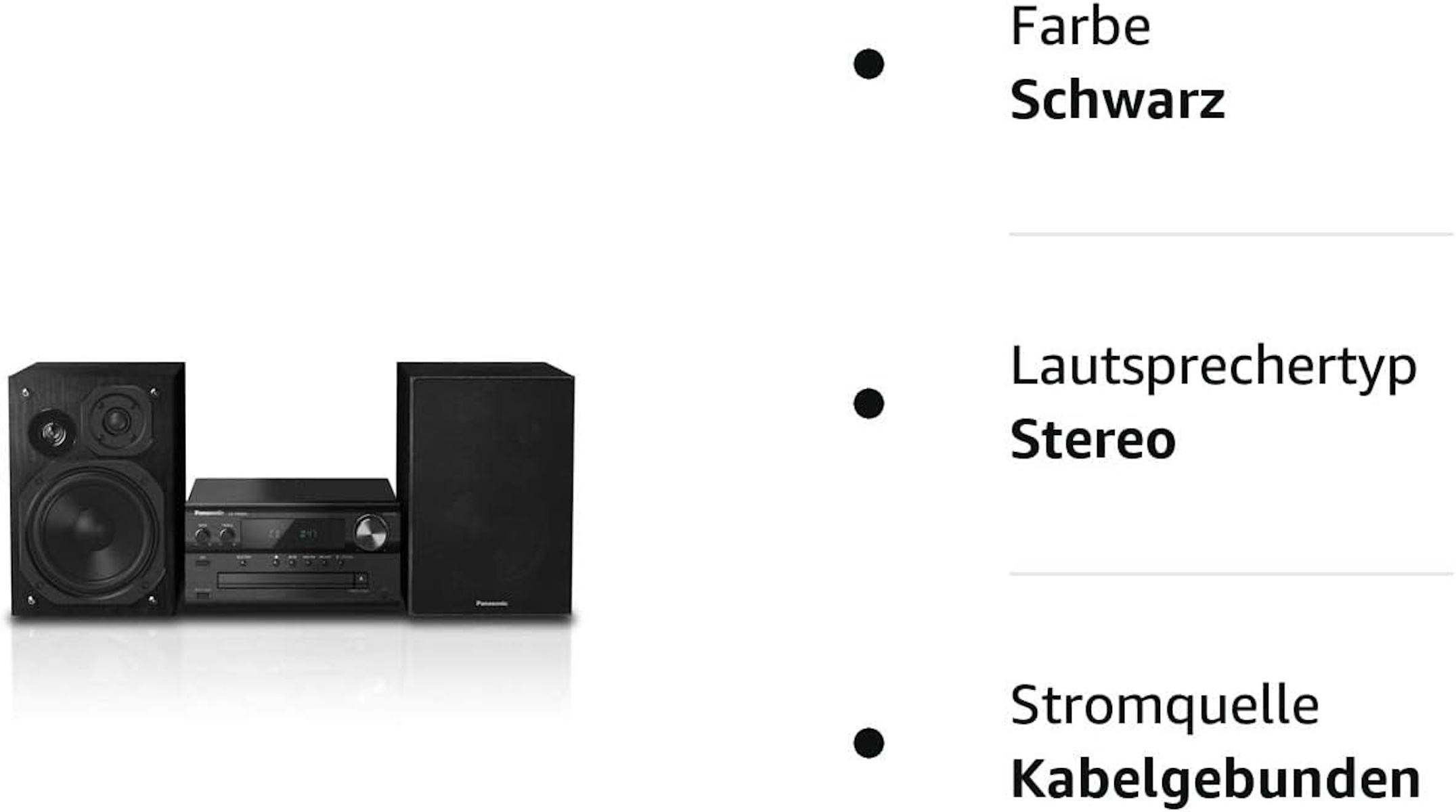 Un sistema stereo con altoparlanti neri e unità centrale su superficie bianca.