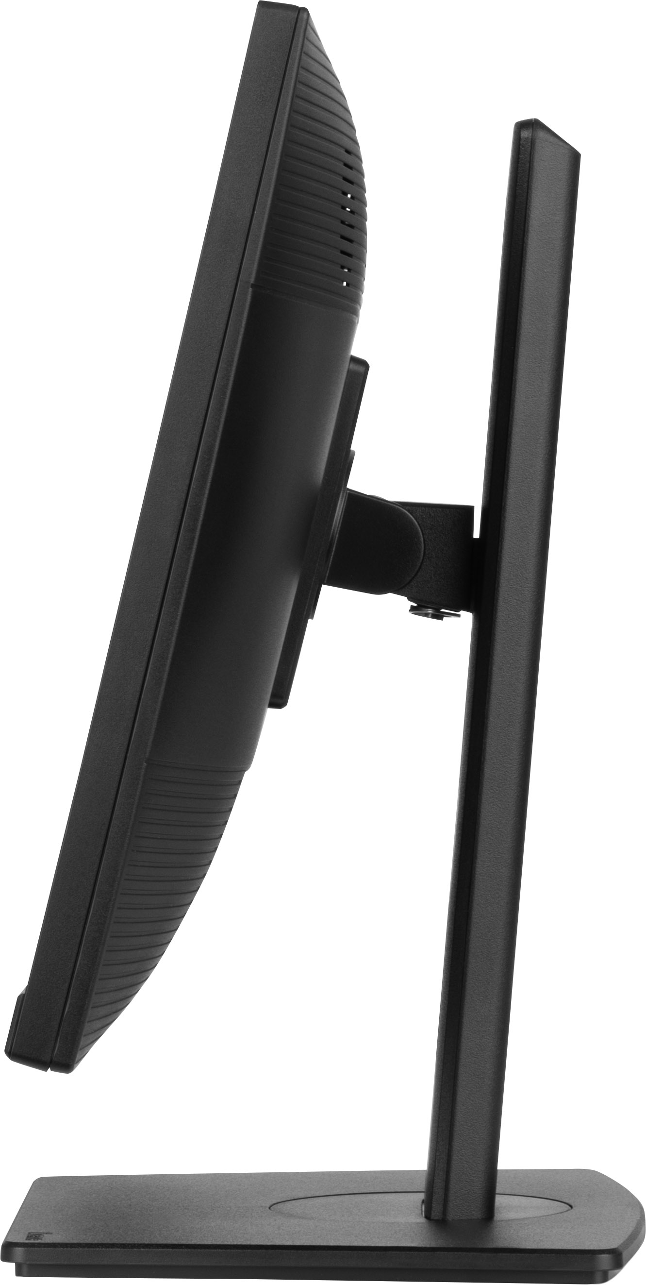 Vista laterale di un monitor per computer nero su un supporto nero. Lo schermo è visibile.