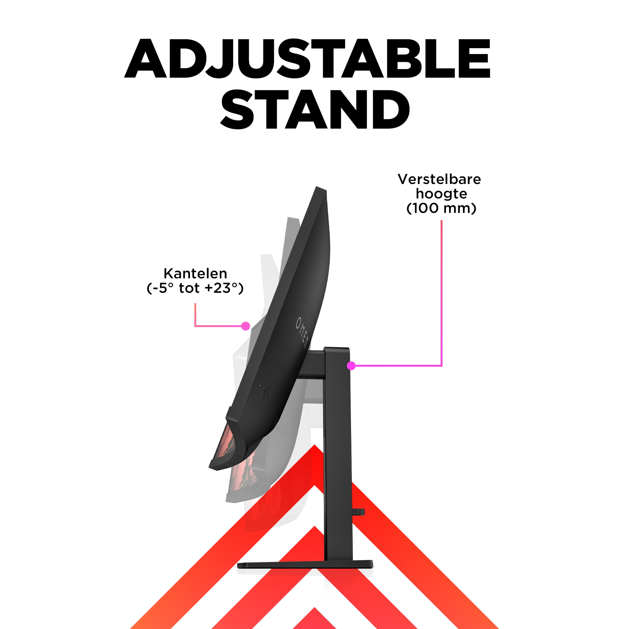 Regulowany stojak do monitora. Pokazuje zakres pochylenia i regulację wysokości. Tekst w języku angielskim i holenderskim.
