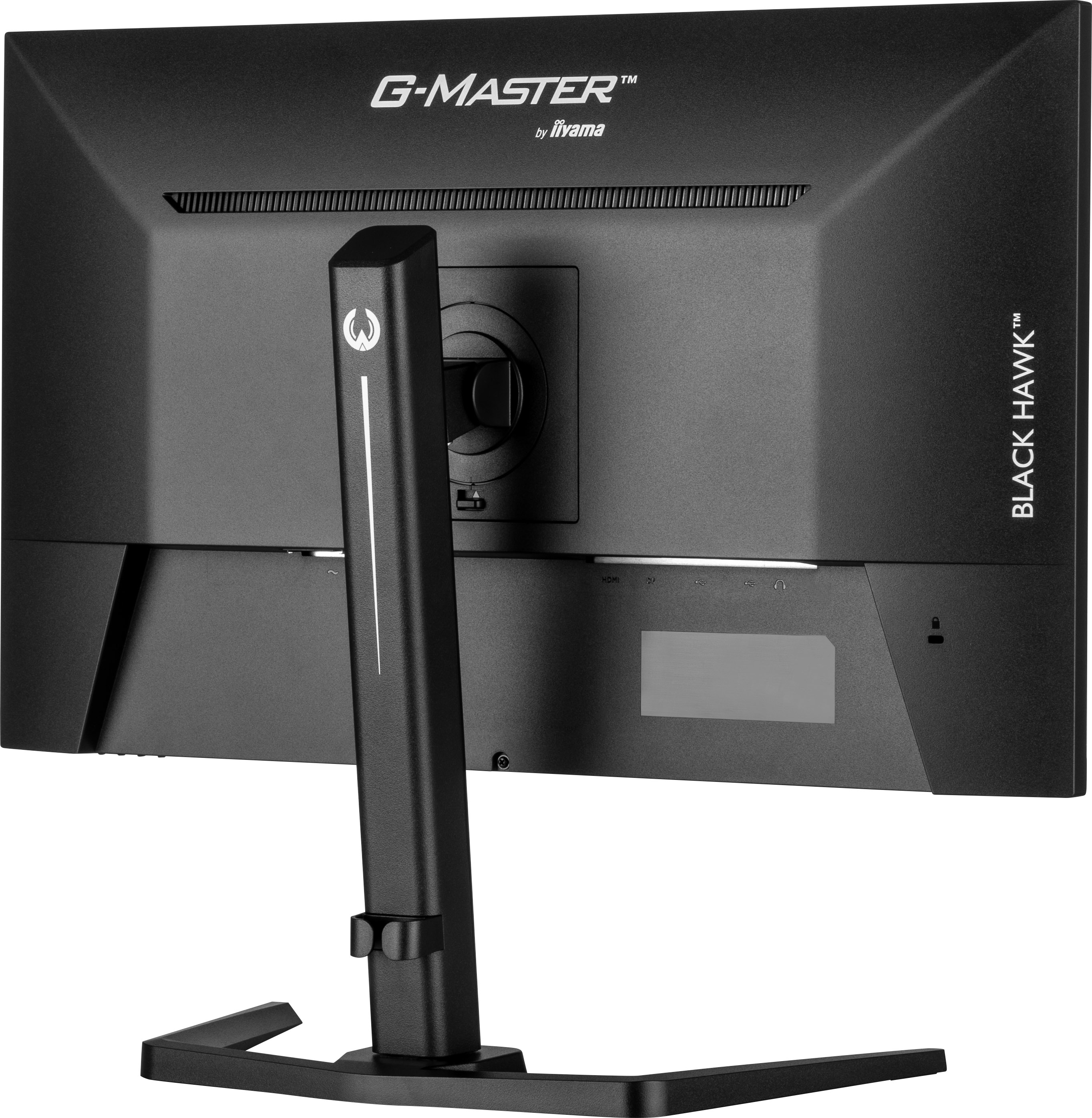 Parte trasera de monitor de computadora negro con soporte. Marca: G-Master by Iiyama.