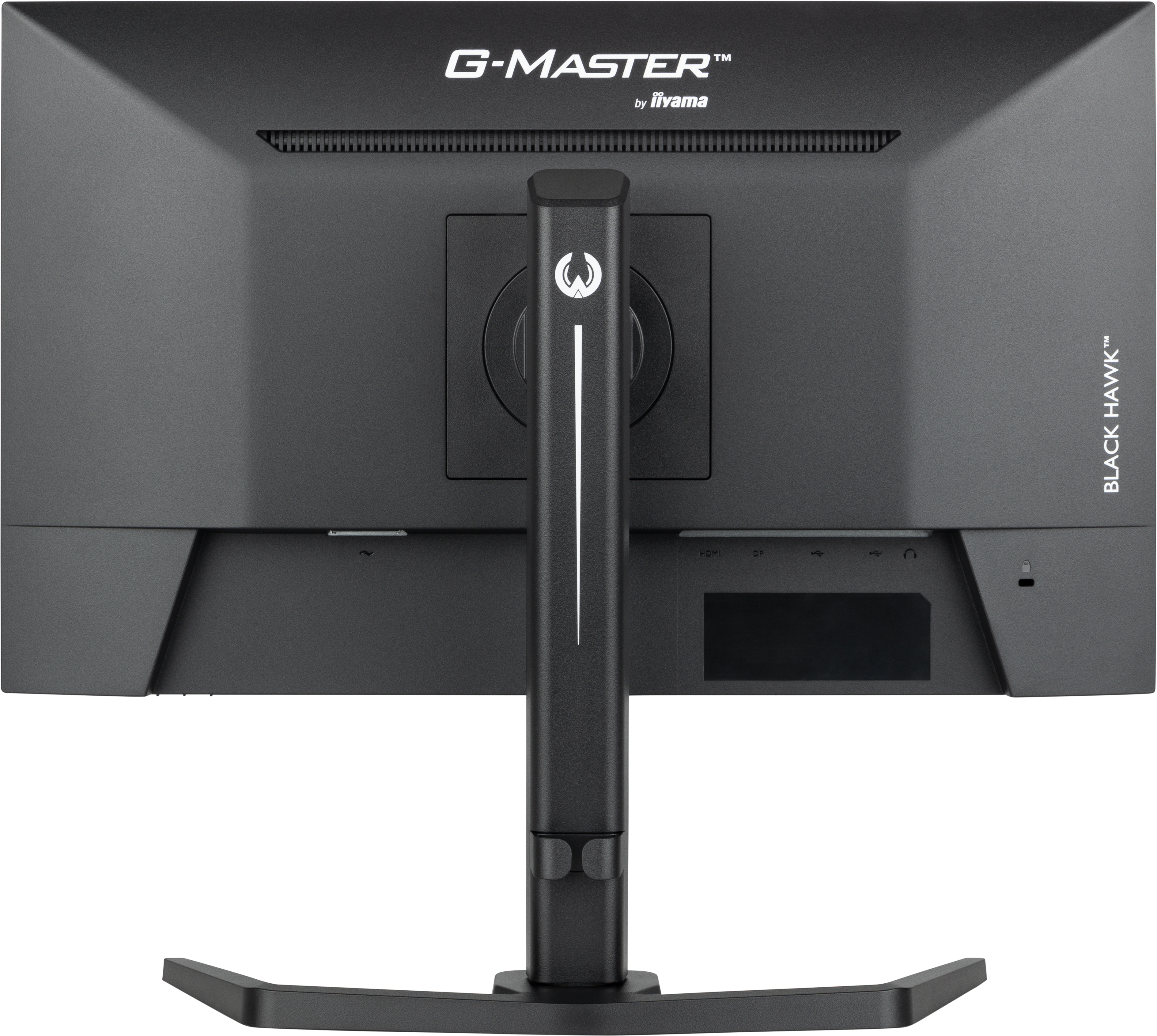Back of a black iiyama monitor. G-MASTER by iiyama logo. Ports for HDMI, DP, USB, and audio.