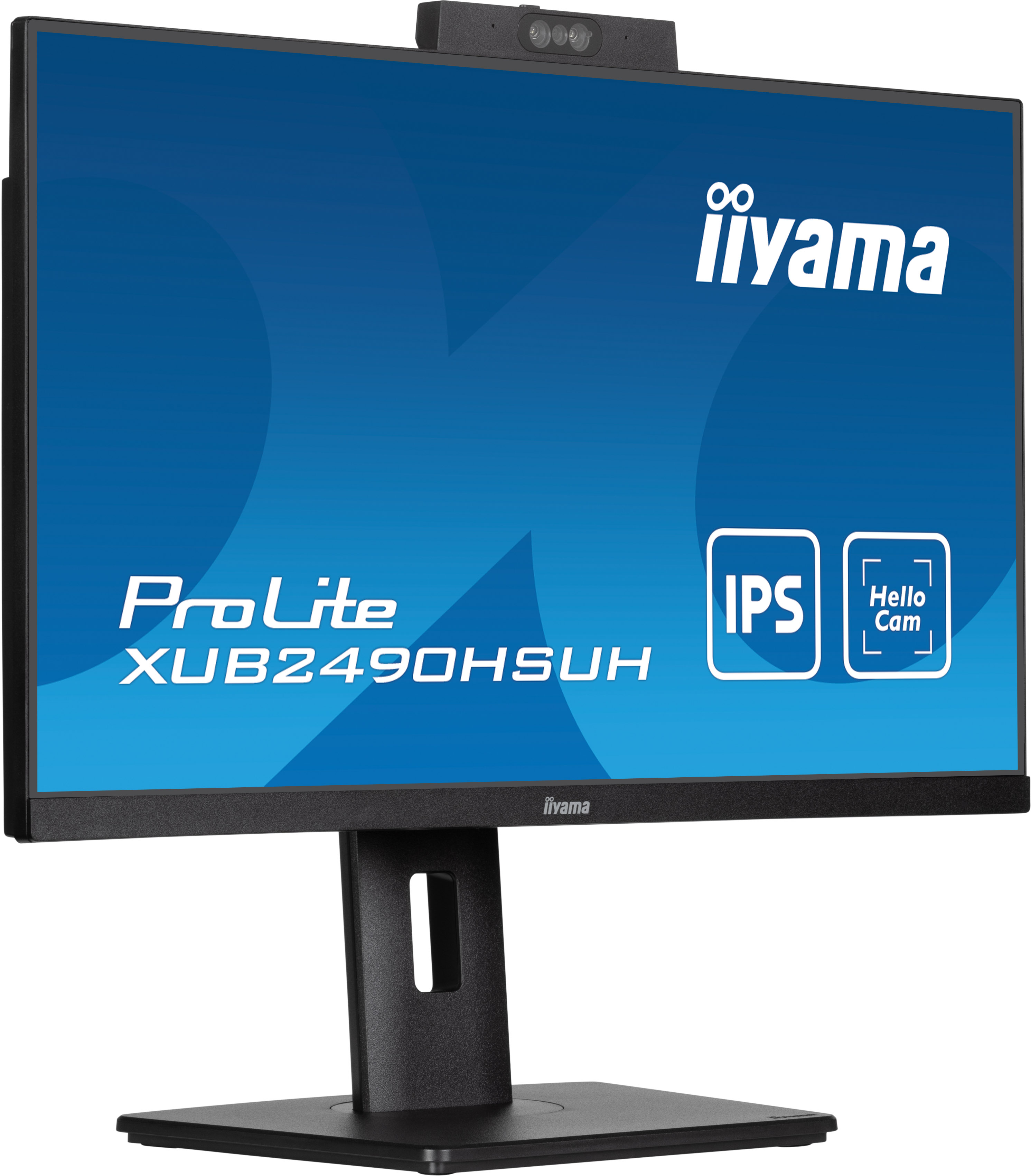 Schwarzer iiyama Monitor mit Webcam oben. Der Bildschirm zeigt eine blau-weiße Grafik.