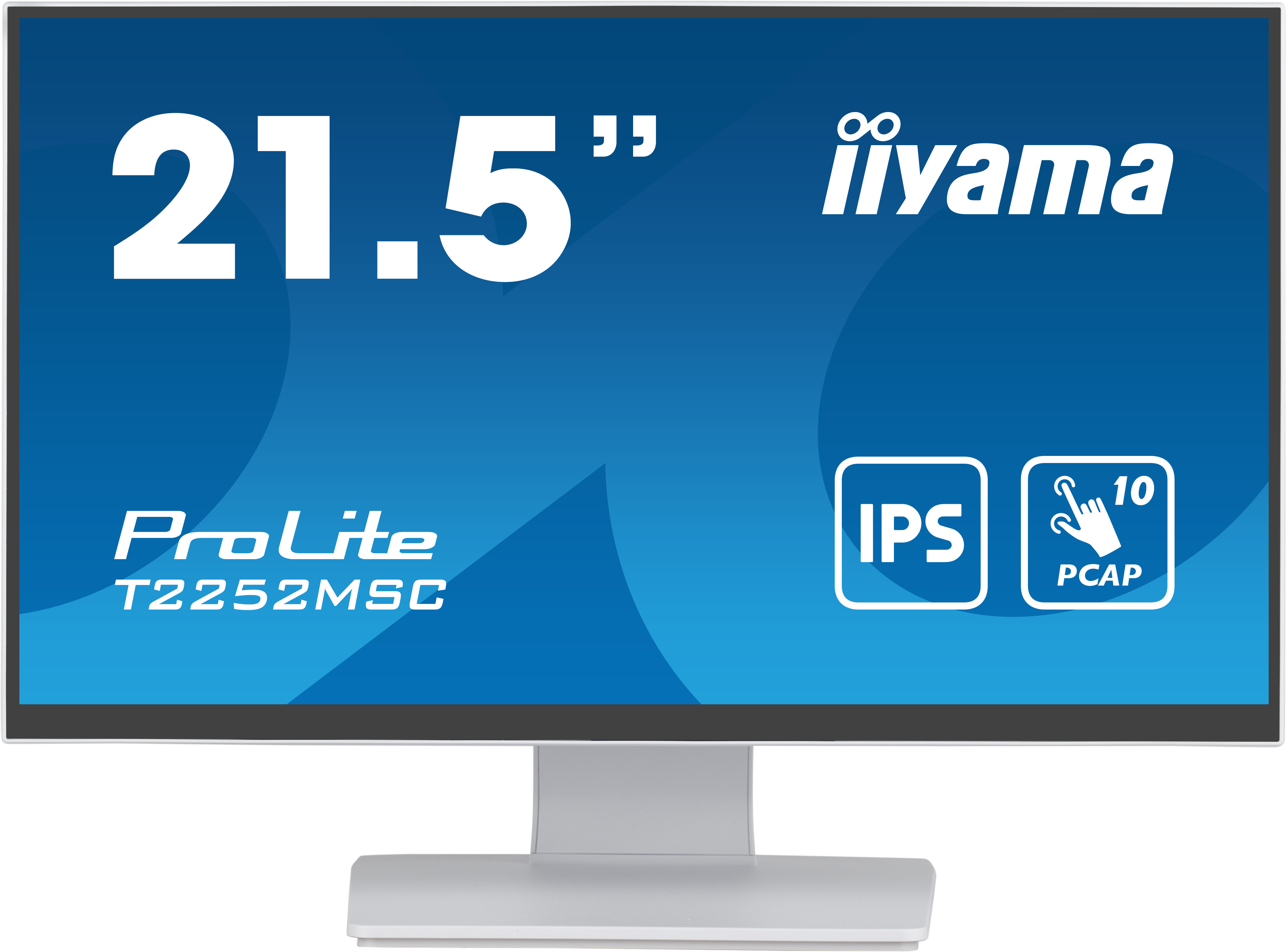 Monitor iiYama ProLite da 21,5 pollici argento e nero. Sfondo blu e bianco.