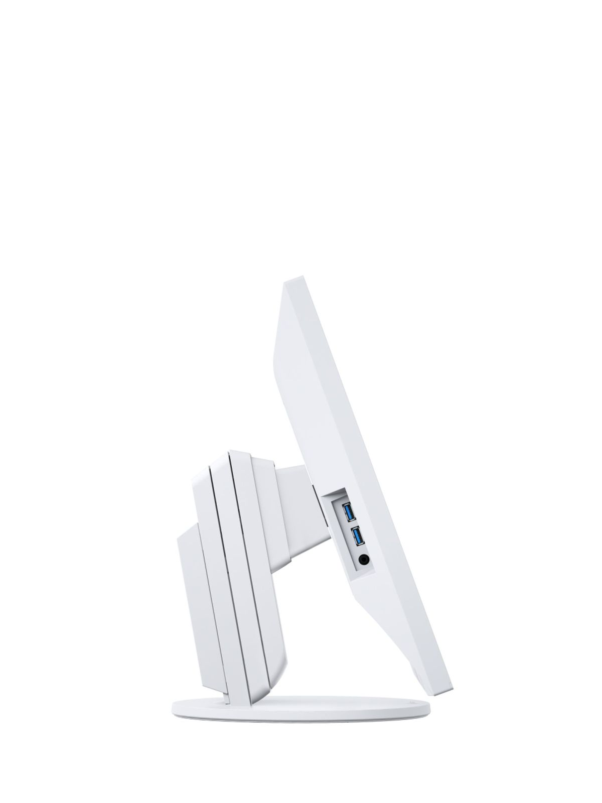 Monitor del computer bianco di lato. Ha porte USB blu e una porta nera.